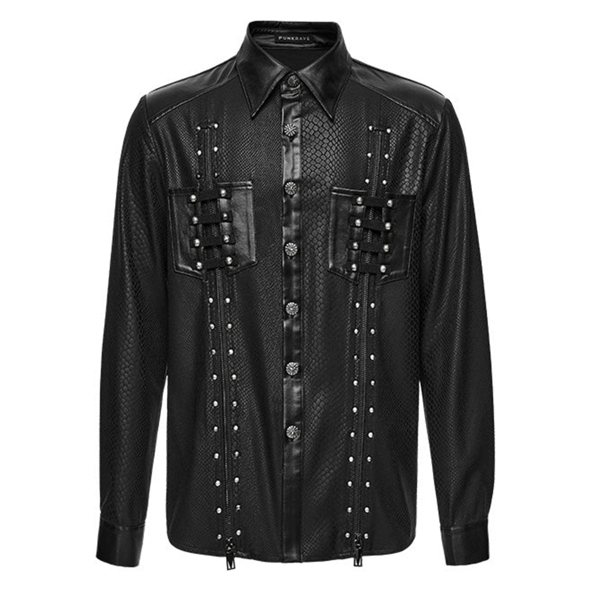 Polyester elastane cotton PU cotton-webbing wetlook apparel tops shirt long-sleeve longsleeve sleeves sleeved collar turn-down split-collar button-placket spiderweb-buttons snake-pattern riveted adjustable cuffs cuffed-sleeves button-up slim-fit bold robust daring comfortable durable thin fashion alt-fashion alternative dark punk rock goth gothic pet-play pet-training animal-print snake serpent reptile costume cosplay halloween afterdark-collection male masculine masc mens menswear guys dudes black