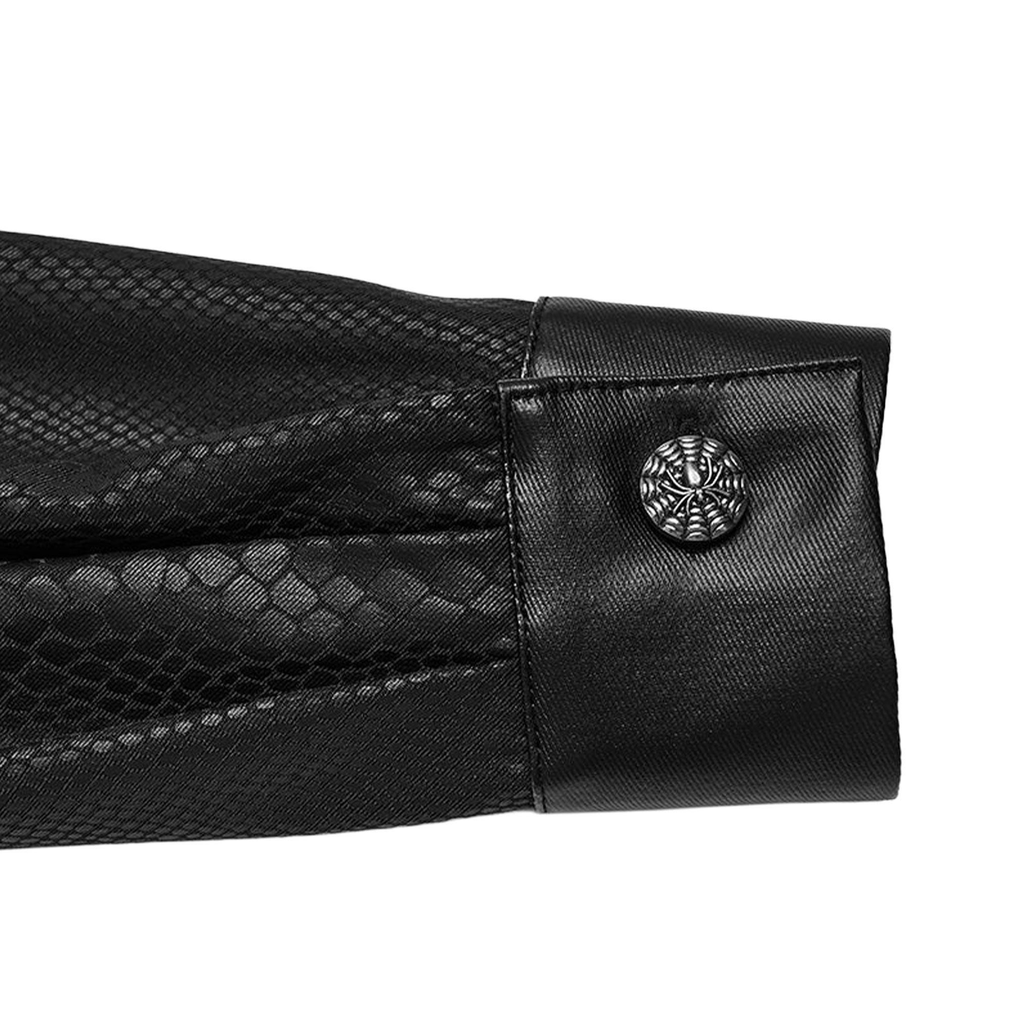Polyester elastane cotton PU cotton-webbing wetlook apparel tops shirt long-sleeve longsleeve sleeves sleeved collar turn-down split-collar button-placket spiderweb-buttons snake-pattern riveted adjustable cuffs cuffed-sleeves button-up slim-fit bold robust daring comfortable durable thin fashion alt-fashion alternative dark punk rock goth gothic pet-play pet-training animal-print snake serpent reptile costume cosplay halloween afterdark-collection male masculine masc mens menswear guys dudes black