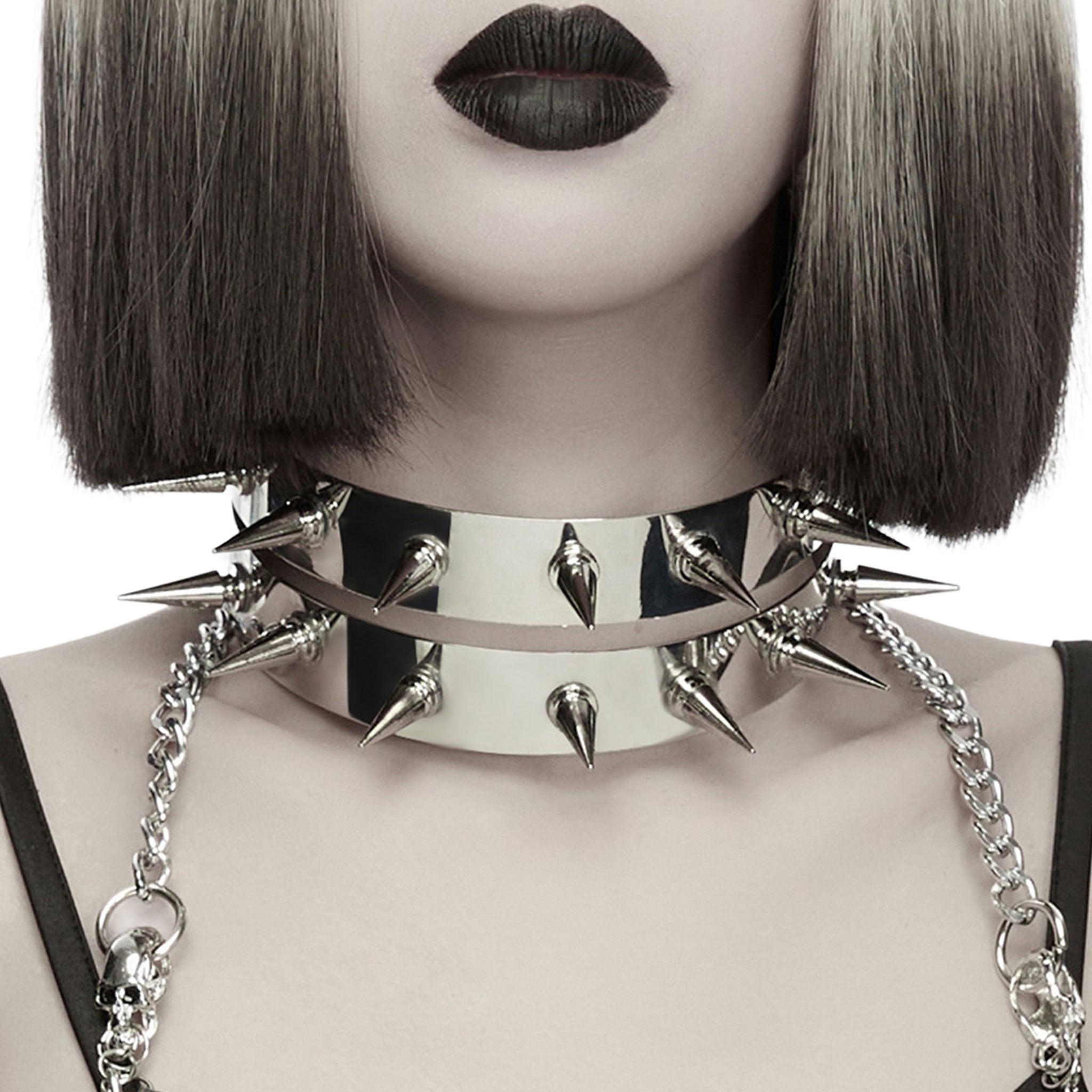 Iron accessories neck-wear choker spiked spike spikes open-back shiny mirror-finish high-luster flexible edgy futuristic rebellious versatile fashion alt-fashion alternative punk goth gothic cyber cyberpunk rave raver-babe festival hard-core street-fashion bondage bdsm-fashion kink kinky kinkwear costume cosplay halloween halloween-accessories afterdark-collection unisex silver chrome