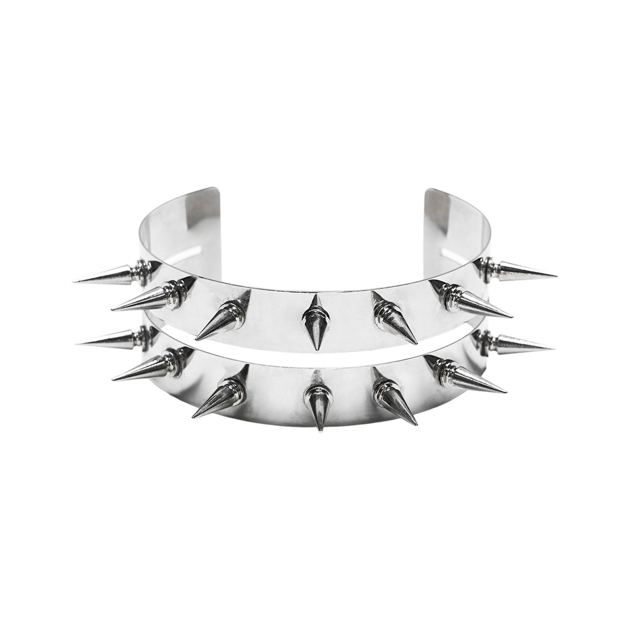 Iron accessories neck-wear choker spiked spike spikes open-back shiny mirror-finish high-luster flexible edgy futuristic rebellious versatile fashion alt-fashion alternative punk goth gothic cyber cyberpunk rave raver-babe festival hard-core street-fashion bondage bdsm-fashion kink kinky kinkwear costume cosplay halloween halloween-accessories afterdark-collection unisex silver chrome