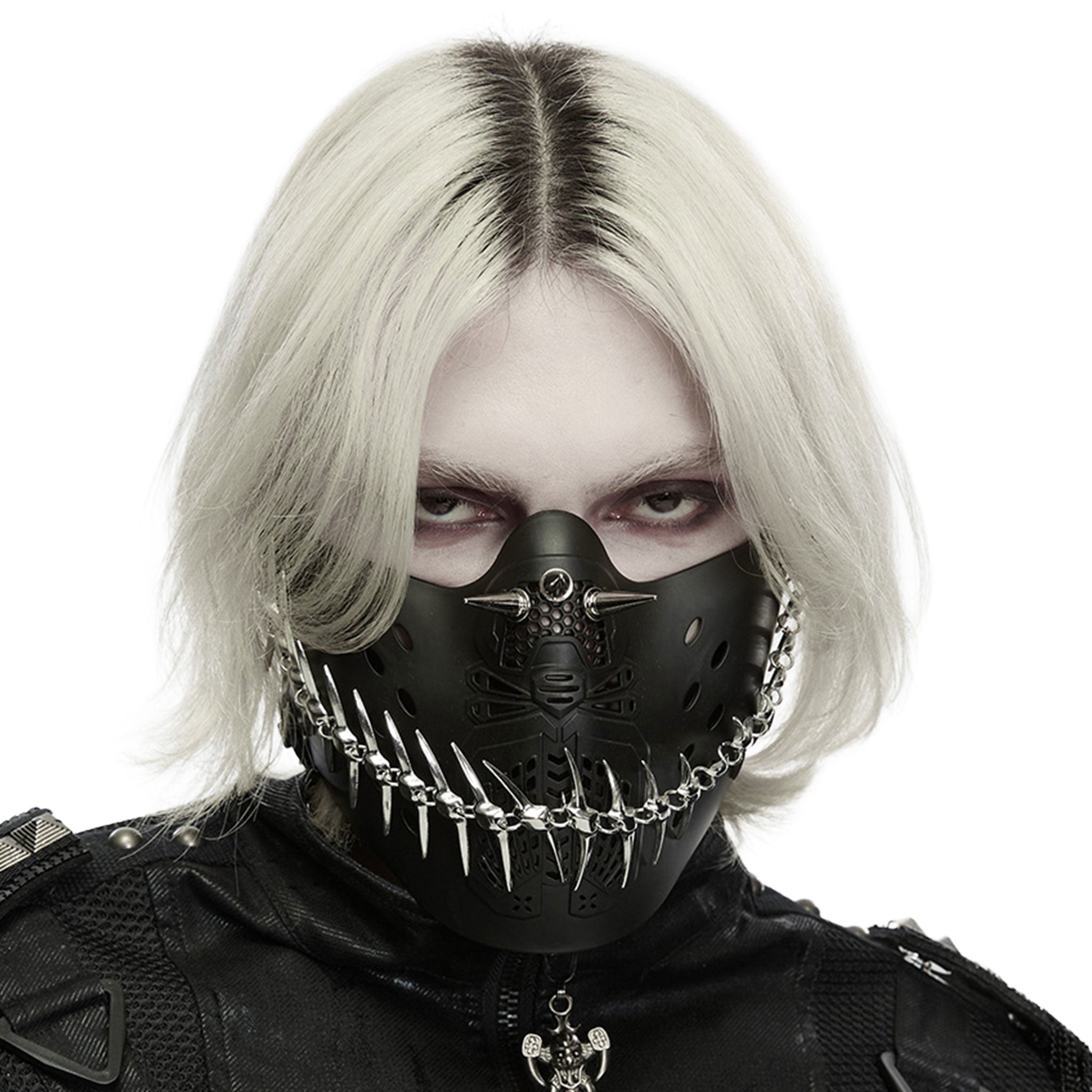 Aluminum-alloy elastic TPU metallic-chain accessories mask half-mask jaw-mask spike spikes spiked spiked-chain fang smiling adjustable elastic-straps breathable ventilated shiny high-gloss high-luster spooky sleek fetish fashion alt-fashion alternative dark-fashion hardcore punk goth gothic cyber cyberpunk streetwear post-apocalypse mad-max costume cosplay halloween halloween-accessories killer-clown afterdark-collection unisex black