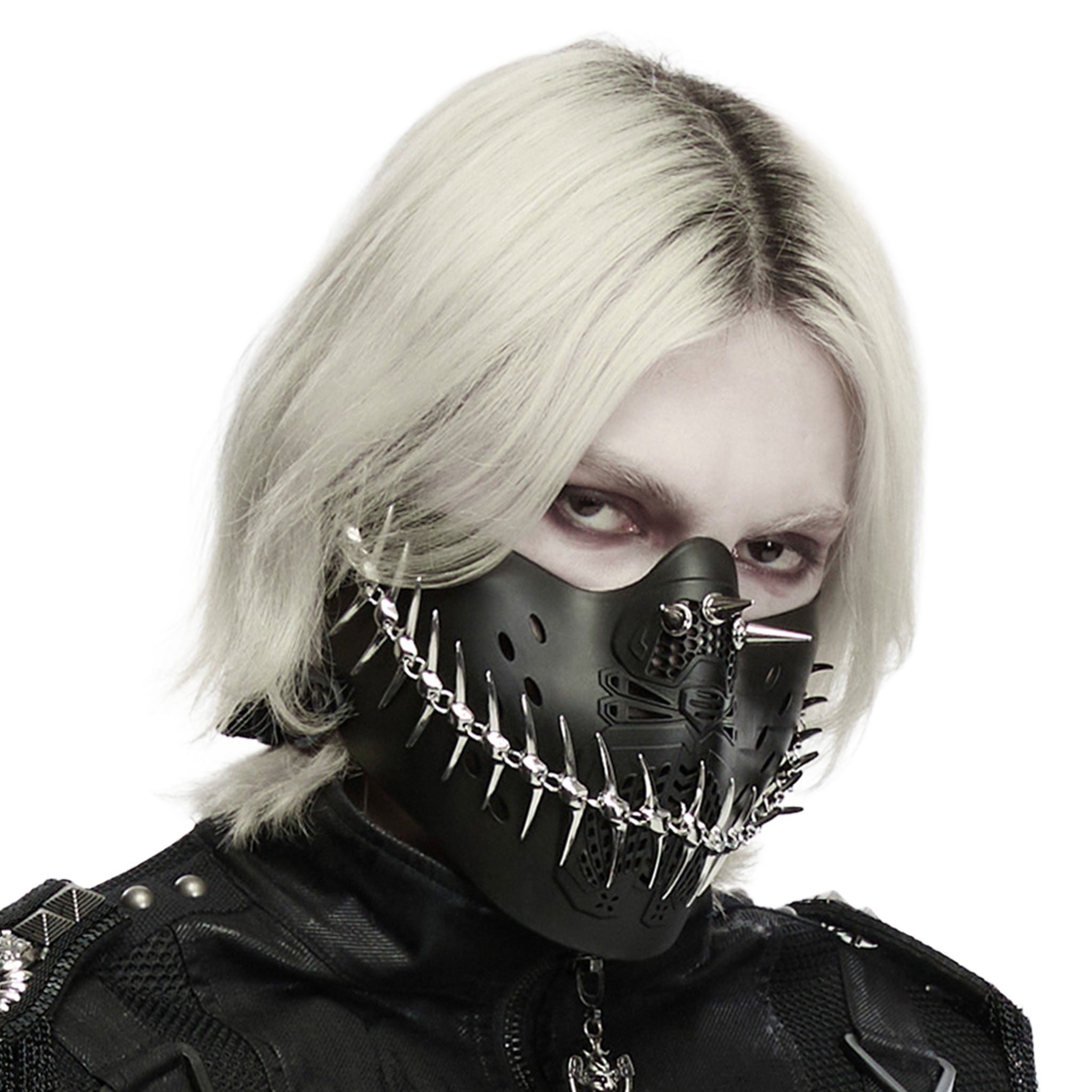 Aluminum-alloy elastic TPU metallic-chain accessories mask half-mask jaw-mask spike spikes spiked spiked-chain fang smiling adjustable elastic-straps breathable ventilated shiny high-gloss high-luster spooky sleek fetish fashion alt-fashion alternative dark-fashion hardcore punk goth gothic cyber cyberpunk streetwear post-apocalypse mad-max costume cosplay halloween halloween-accessories killer-clown afterdark-collection unisex black