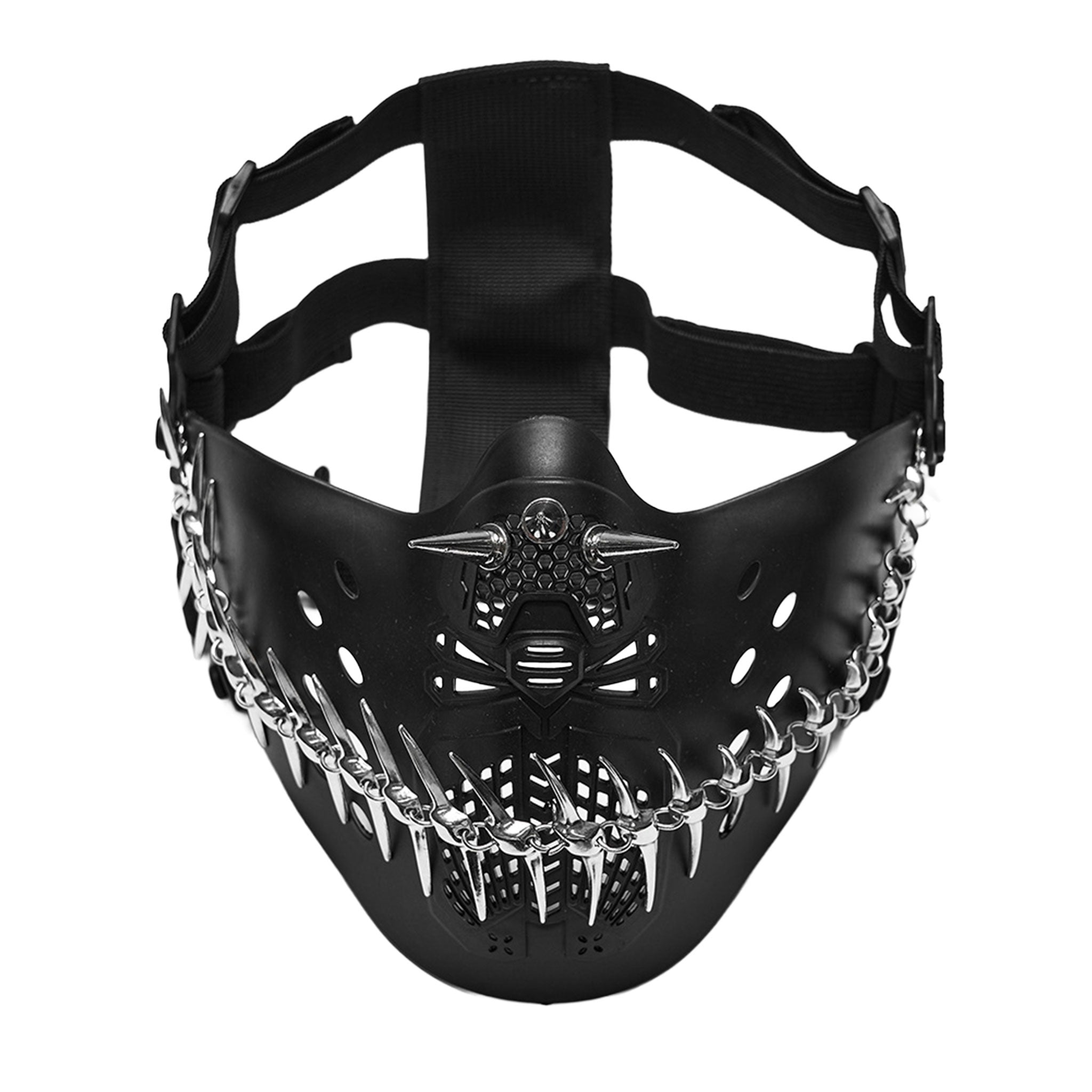 Aluminum-alloy elastic TPU metallic-chain accessories mask half-mask jaw-mask spike spikes spiked spiked-chain fang smiling adjustable elastic-straps breathable ventilated shiny high-gloss high-luster spooky sleek fetish fashion alt-fashion alternative dark-fashion hardcore punk goth gothic cyber cyberpunk streetwear post-apocalypse mad-max costume cosplay halloween halloween-accessories killer-clown afterdark-collection unisex black