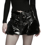 Faux-fur polyester PU-leather patent-leather cotton plastic synthetic apparel bottoms skirt mini-skirt 
plush-fur fur-trim zipper front-zip full-zip rivets studs studded adjustable buckle safety-buckle voluminous textured shiny glossy high-gloss reflective daring soft textured bold edgy fetish fashion alt-fashion alternative dark-fashion punk goth gothic cyber cyberpunk rave raver-babe festival clubwear clubbing streetwear concert nightlife industrial afterdark-collection female femme feminine womens black