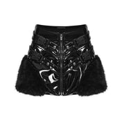 Faux-fur polyester PU-leather patent-leather cotton plastic synthetic apparel bottoms skirt mini-skirt 
plush-fur fur-trim zipper front-zip full-zip rivets studs studded adjustable buckle safety-buckle voluminous textured shiny glossy high-gloss reflective daring soft textured bold edgy fetish fashion alt-fashion alternative dark-fashion punk goth gothic cyber cyberpunk rave raver-babe festival clubwear clubbing streetwear concert nightlife industrial afterdark-collection female femme feminine womens black