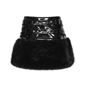 Faux-fur polyester PU-leather patent-leather cotton plastic synthetic apparel bottoms skirt mini-skirt 
plush-fur fur-trim zipper front-zip full-zip rivets studs studded adjustable buckle safety-buckle voluminous textured shiny glossy high-gloss reflective daring soft textured bold edgy fetish fashion alt-fashion alternative dark-fashion punk goth gothic cyber cyberpunk rave raver-babe festival clubwear clubbing streetwear concert nightlife industrial afterdark-collection female femme feminine womens black