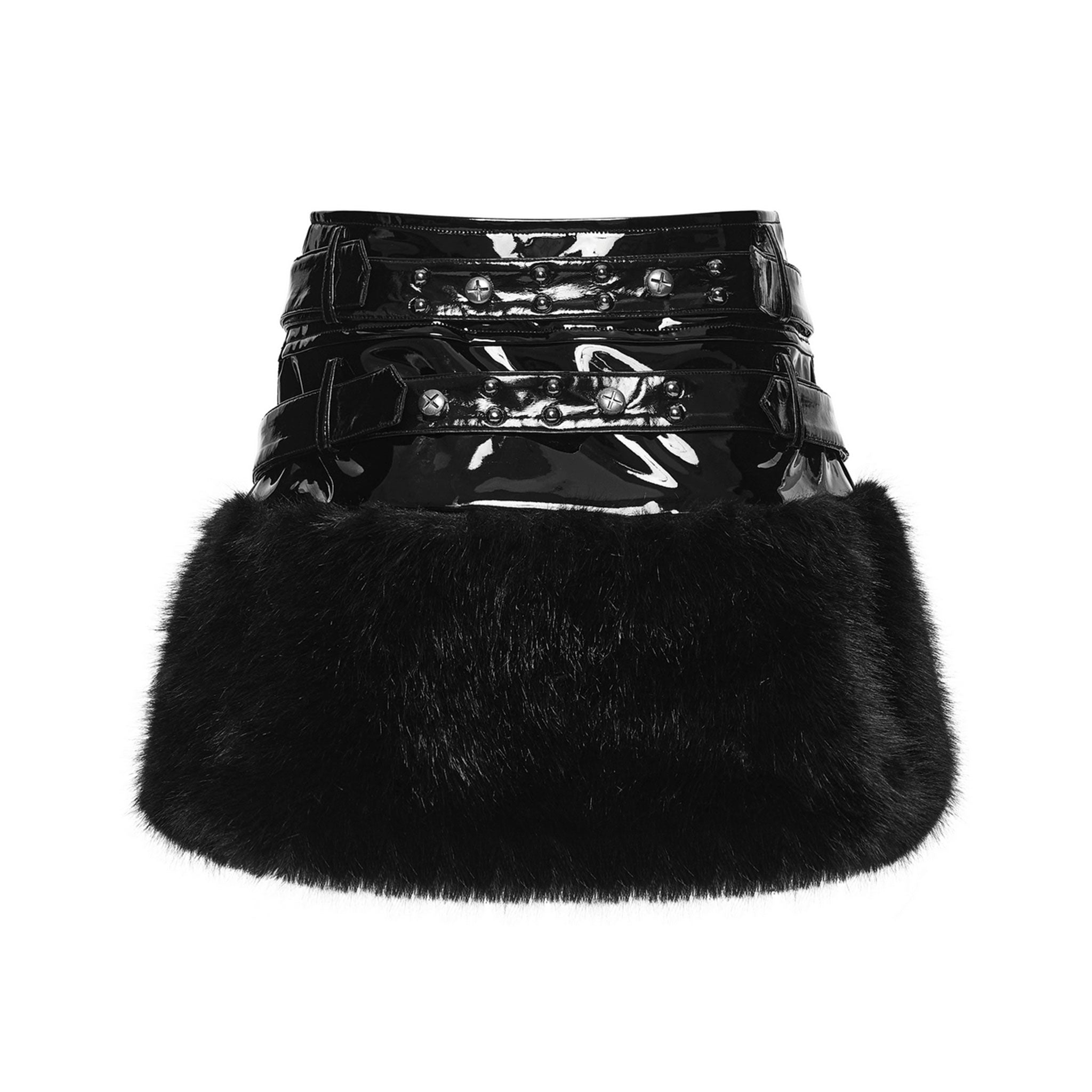 Faux-fur polyester PU-leather patent-leather cotton plastic synthetic apparel bottoms skirt mini-skirt 
plush-fur fur-trim zipper front-zip full-zip rivets studs studded adjustable buckle safety-buckle voluminous textured shiny glossy high-gloss reflective daring soft textured bold edgy fetish fashion alt-fashion alternative dark-fashion punk goth gothic cyber cyberpunk rave raver-babe festival clubwear clubbing streetwear concert nightlife industrial afterdark-collection female femme feminine womens black