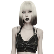 Leather faux-leather PU polyester apparel accessories tops bra bralette harness chest-harness halter-neck triangle-cups O-ring cross cross-motif skull-motif adjustable buckle back-closure durable synthetic comfortable breathable symmetrical layerable strappy bold close-fitting fetish fashion alt-fashion alternative rock biker punk goth gothic festival dungeon roleplay role-play vampire vampire-fashion costume cosplay halloween afterdark-collection female femme feminine womens black