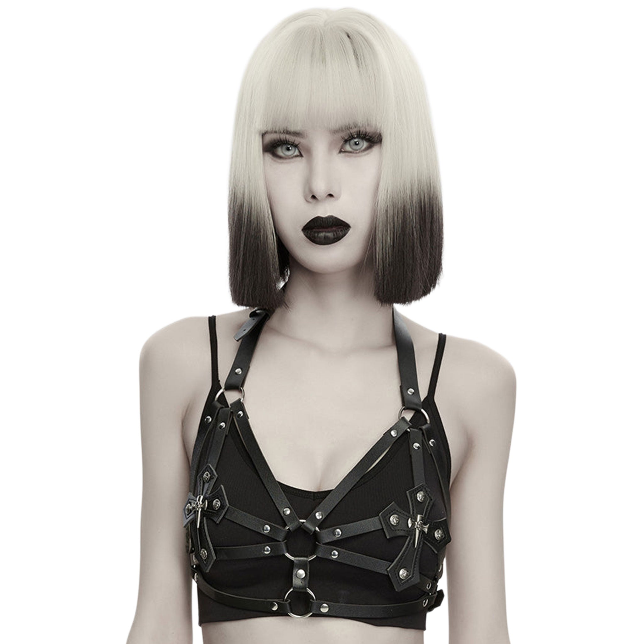 Leather faux-leather PU polyester apparel accessories tops bra bralette harness chest-harness halter-neck triangle-cups O-ring cross cross-motif skull-motif adjustable buckle back-closure durable synthetic comfortable breathable symmetrical layerable strappy bold close-fitting fetish fashion alt-fashion alternative rock biker punk goth gothic festival dungeon roleplay role-play vampire vampire-fashion costume cosplay halloween afterdark-collection female femme feminine womens black