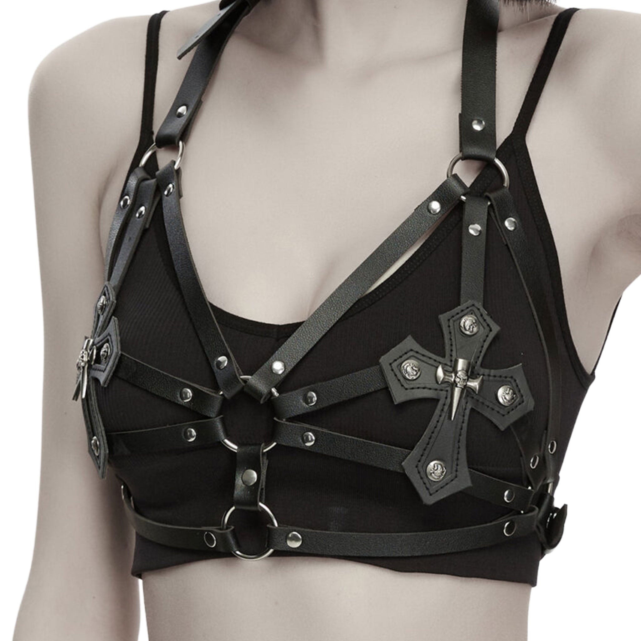 Leather faux-leather PU polyester apparel accessories tops bra bralette harness chest-harness halter-neck triangle-cups O-ring cross cross-motif skull-motif adjustable buckle back-closure durable synthetic comfortable breathable symmetrical layerable strappy bold close-fitting fetish fashion alt-fashion alternative rock biker punk goth gothic festival dungeon roleplay role-play vampire vampire-fashion costume cosplay halloween afterdark-collection female femme feminine womens black