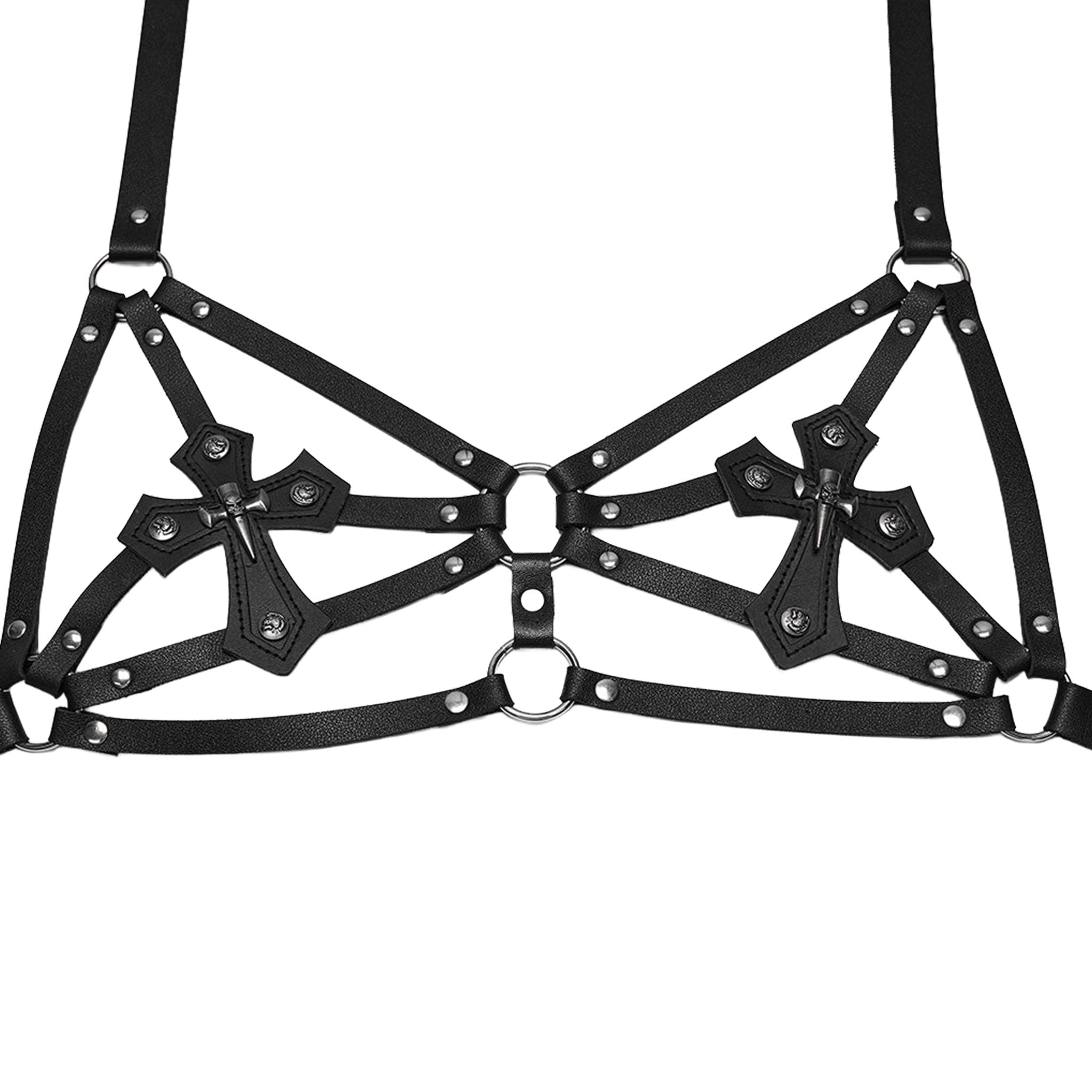 Leather faux-leather PU polyester apparel accessories tops bra bralette harness chest-harness halter-neck triangle-cups O-ring cross cross-motif skull-motif adjustable buckle back-closure durable synthetic comfortable breathable symmetrical layerable strappy bold close-fitting fetish fashion alt-fashion alternative rock biker punk goth gothic festival dungeon roleplay role-play vampire vampire-fashion costume cosplay halloween afterdark-collection female femme feminine womens black