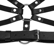 Leather faux-leather PU polyester apparel accessories tops bra bralette harness chest-harness halter-neck triangle-cups O-ring cross cross-motif skull-motif adjustable buckle back-closure durable synthetic comfortable breathable symmetrical layerable strappy bold close-fitting fetish fashion alt-fashion alternative rock biker punk goth gothic festival dungeon roleplay role-play vampire vampire-fashion costume cosplay halloween afterdark-collection female femme feminine womens black
