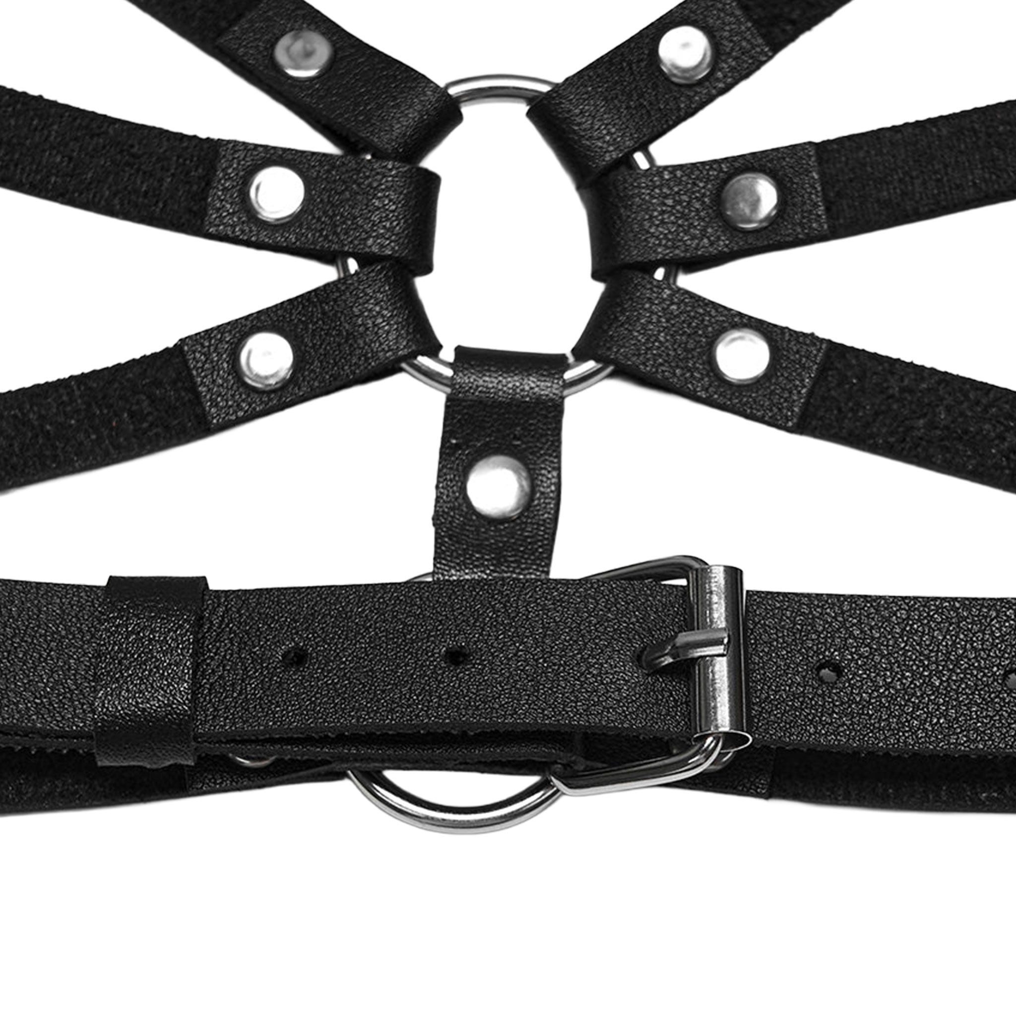 Leather faux-leather PU polyester apparel accessories tops bra bralette harness chest-harness halter-neck triangle-cups O-ring cross cross-motif skull-motif adjustable buckle back-closure durable synthetic comfortable breathable symmetrical layerable strappy bold close-fitting fetish fashion alt-fashion alternative rock biker punk goth gothic festival dungeon roleplay role-play vampire vampire-fashion costume cosplay halloween afterdark-collection female femme feminine womens black