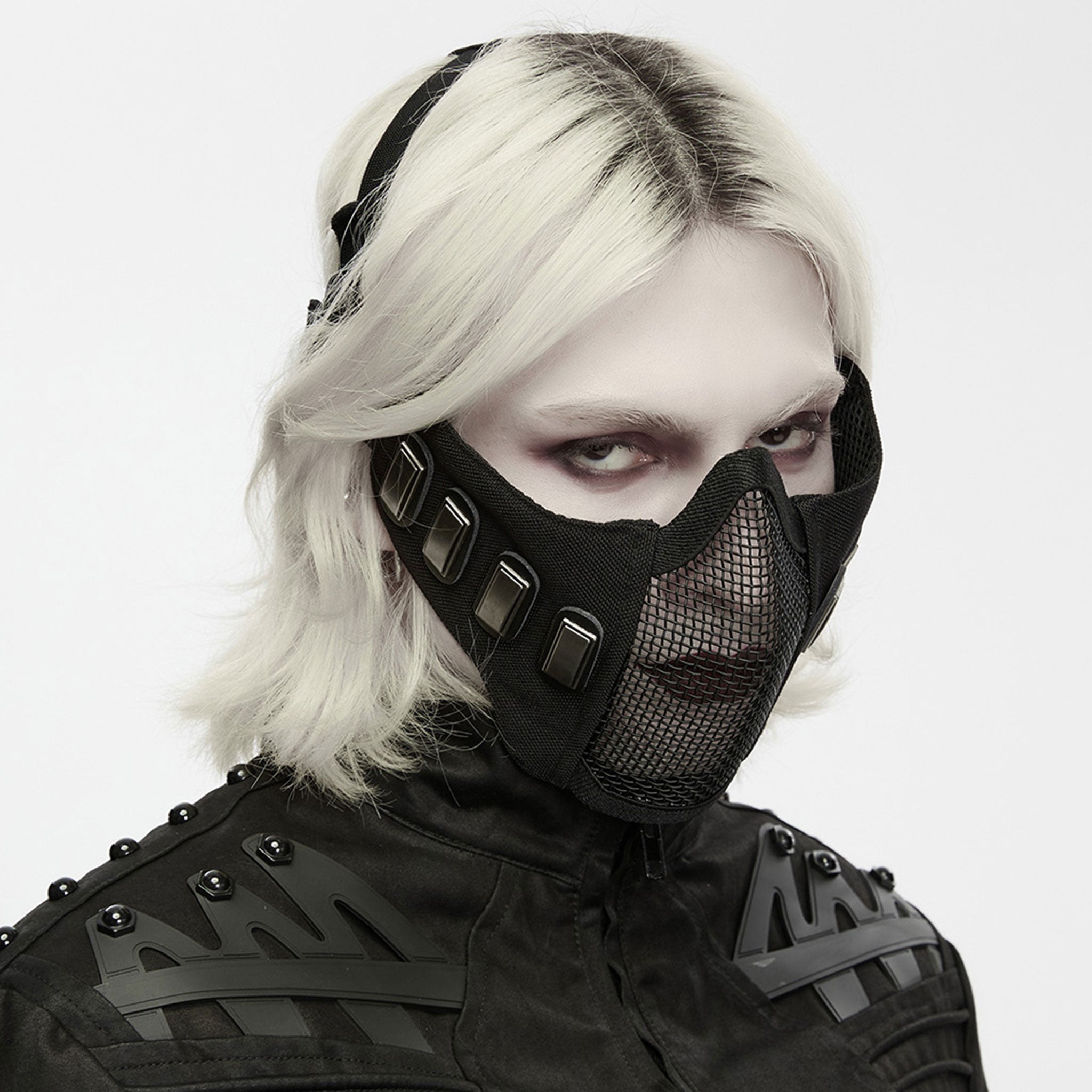 Oxford-cloth polyester elastic faux-leather plastic iron metallic-mesh accessories mask half-mask face-mask rivet ergonomic wear-resistant durable reinforced practical fetish fashion alt-fashion alternative punk cyber cyberpunk cyber-goth industrial street-fashion costume cosplay halloween halloween-accessories post-apocalyptic afterdark-collection unisex black