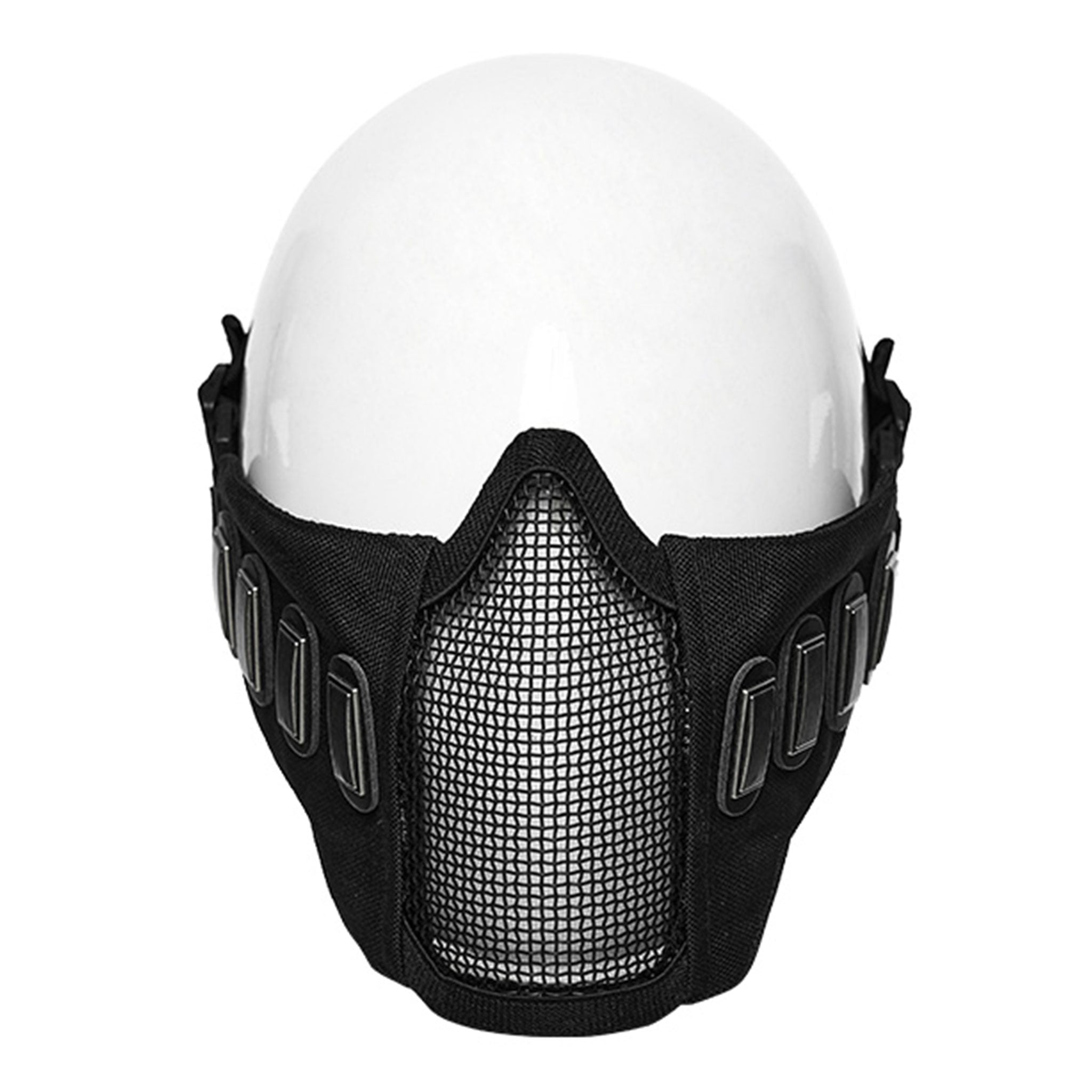 Oxford-cloth polyester elastic faux-leather plastic iron metallic-mesh accessories mask half-mask face-mask rivet ergonomic wear-resistant durable reinforced practical fetish fashion alt-fashion alternative punk cyber cyberpunk cyber-goth industrial street-fashion costume cosplay halloween halloween-accessories post-apocalyptic afterdark-collection unisex black