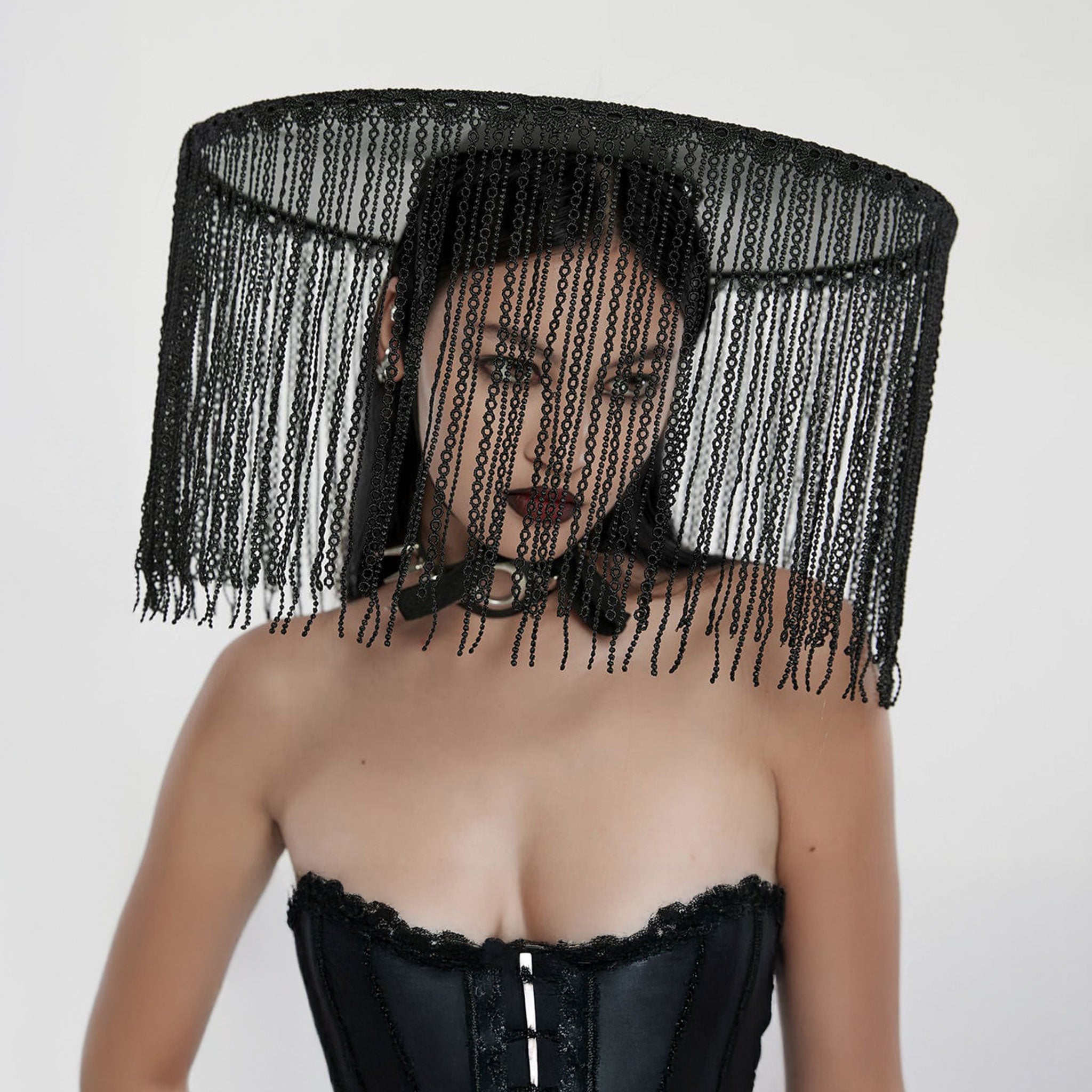 Polyester lace mesh sheer transparent headgear hat veil no-cap capless liangmao asian hakka hakka-culture chinese china tassel chin-ribbon ethereal otherworldly lightweight airy fashion dark-fashion alt-fashion goth gothic goth-doll rave dark-rave visual-kei female femme feminine women black