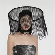 Polyester lace mesh sheer transparent headgear hat veil no-cap capless liangmao asian hakka hakka-culture chinese china tassel chin-ribbon ethereal otherworldly lightweight airy fashion dark-fashion alt-fashion goth gothic goth-doll rave dark-rave visual-kei female femme feminine women black