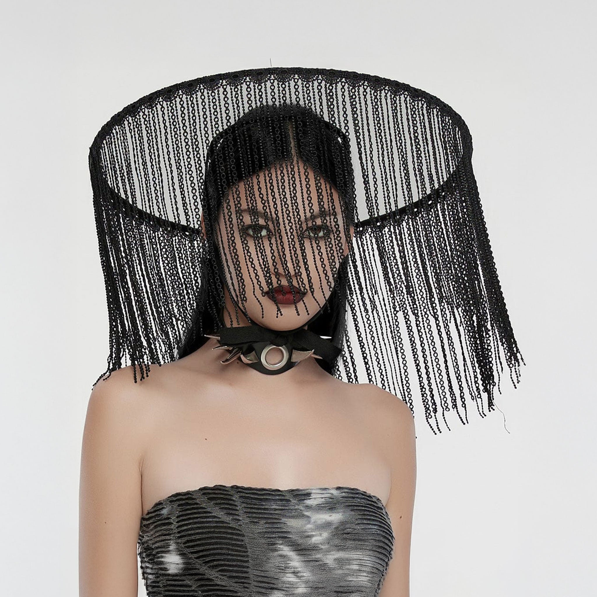 Polyester lace mesh sheer transparent headgear hat veil no-cap capless liangmao asian hakka hakka-culture chinese china tassel chin-ribbon ethereal otherworldly lightweight airy fashion dark-fashion alt-fashion goth gothic goth-doll rave dark-rave visual-kei female femme feminine women black