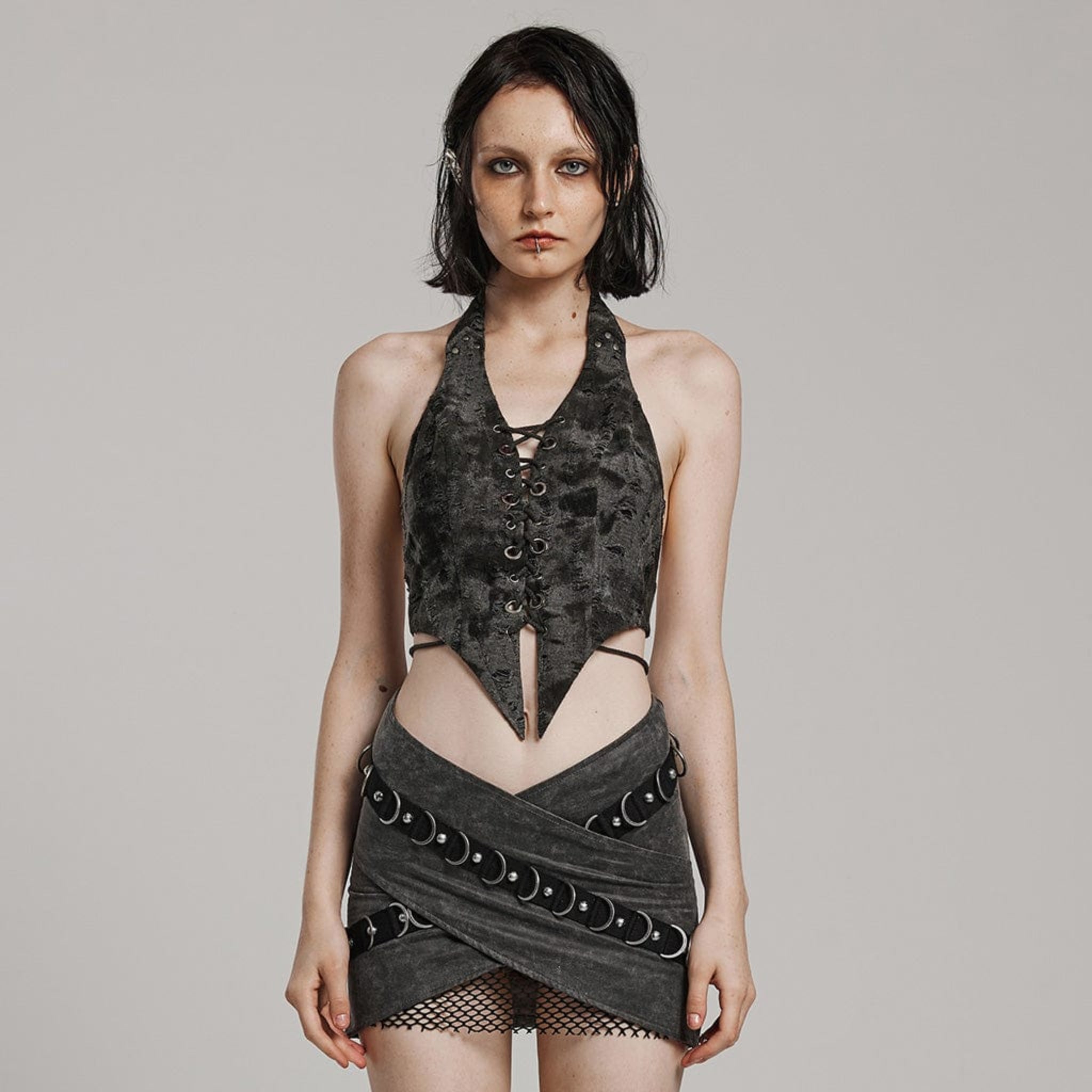 punk vest lace up halter top ribbed knit fabric pointed hem adjustable buckles metal eyelets gothic fashion waist cincher alternative punk style fetish factory