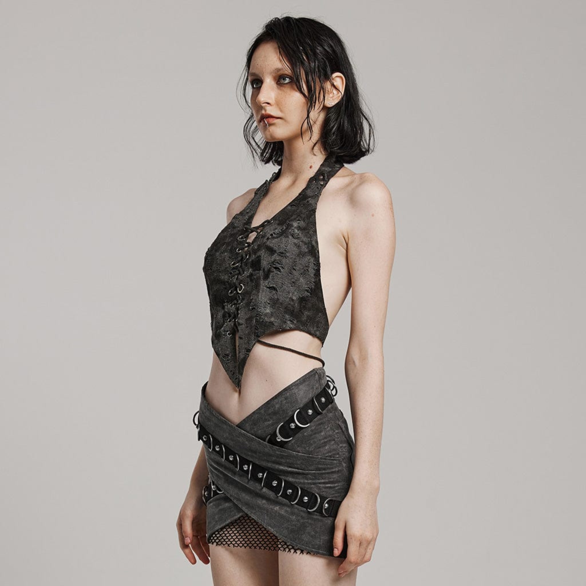 punk vest lace up halter top ribbed knit fabric pointed hem adjustable buckles metal eyelets gothic fashion waist cincher alternative punk style fetish factory