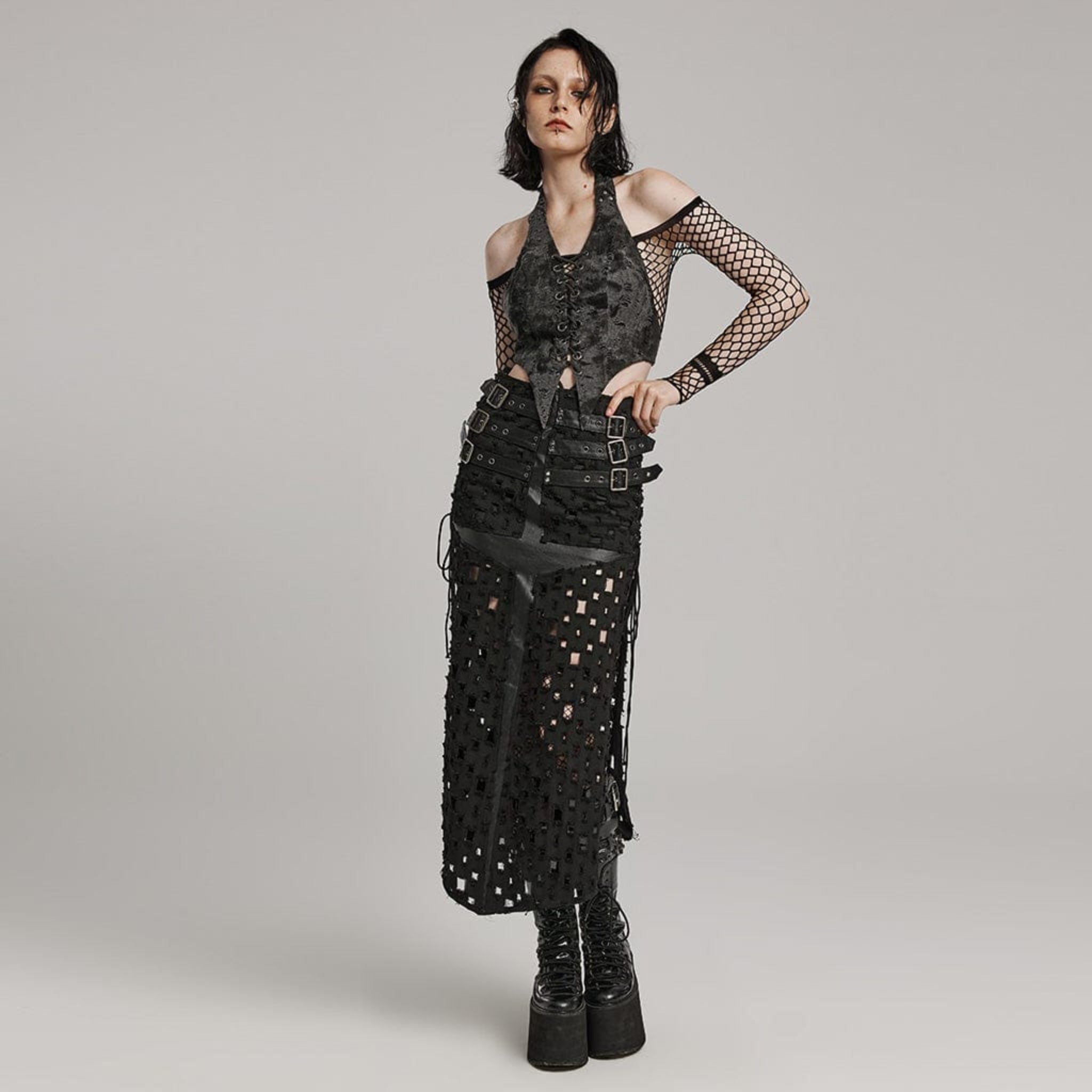 punk vest lace up halter top ribbed knit fabric pointed hem adjustable buckles metal eyelets gothic fashion waist cincher alternative punk style fetish factory