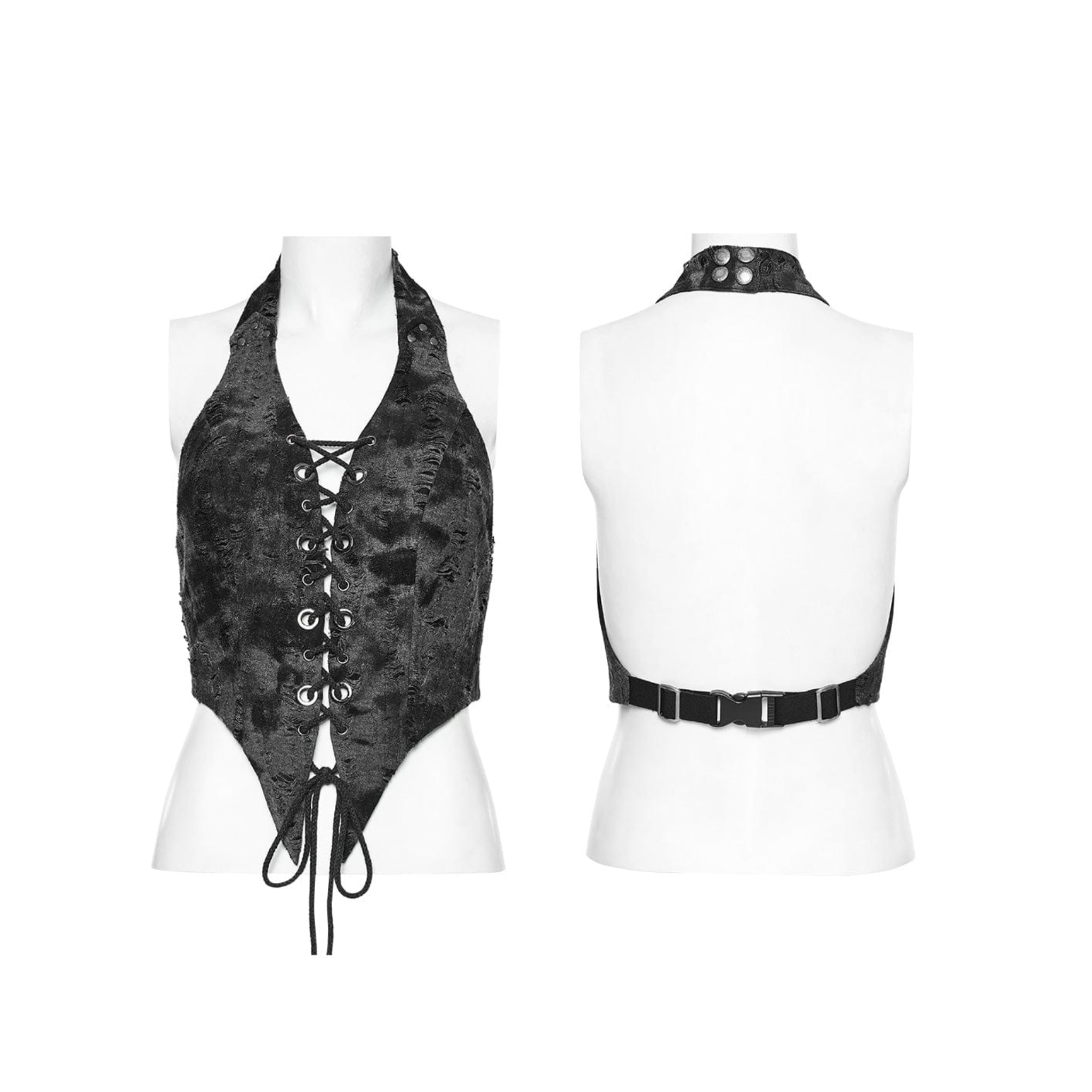 punk vest lace up halter top ribbed knit fabric pointed hem adjustable buckles metal eyelets gothic fashion waist cincher alternative punk style fetish factory
