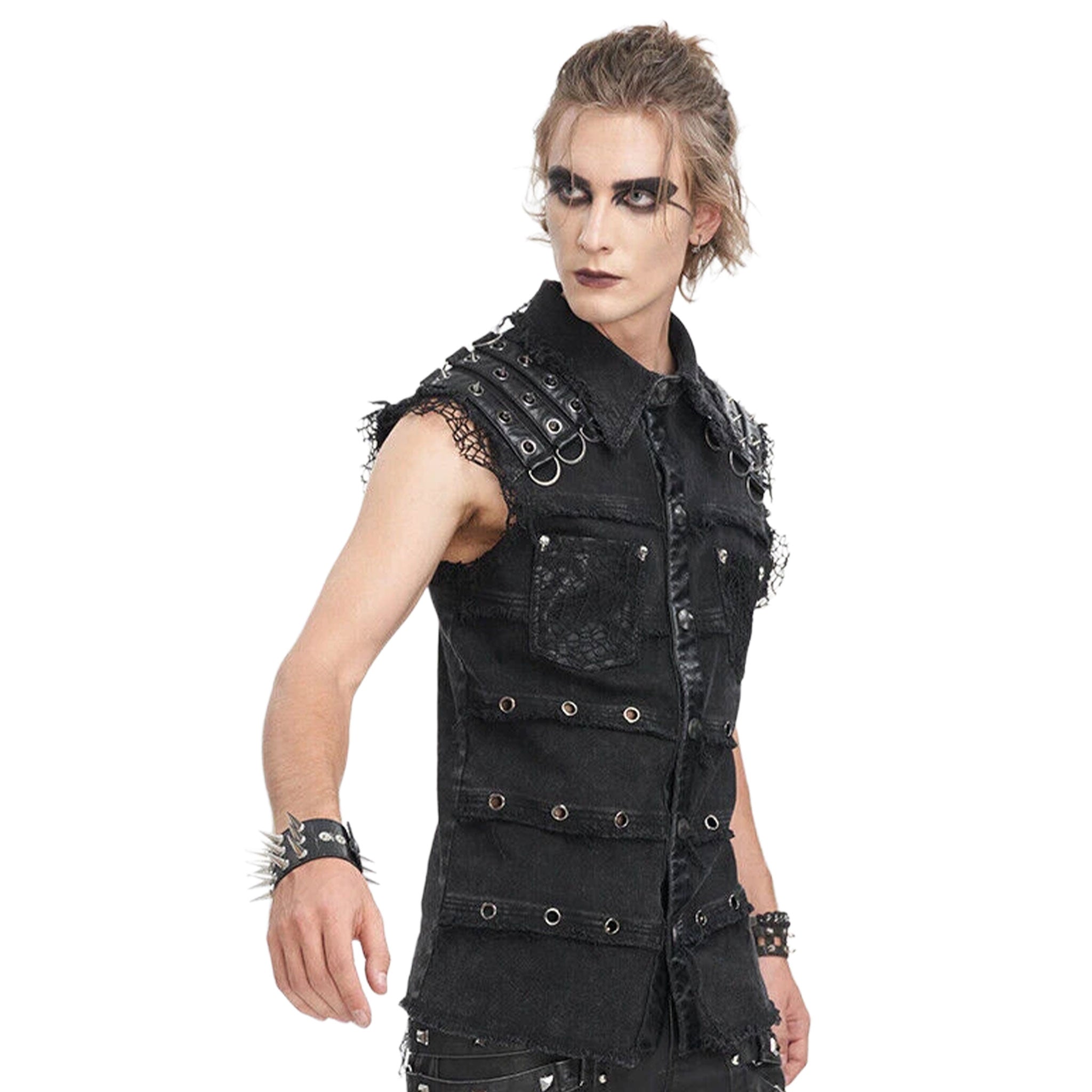 Denim cotton polyester viscose Spandex nylon-webbing leather faux-leather grommets apparel tops vest shirt sleeveless frayed-edges collar D-ring spike spikes spiked snap-button press-stud skull skull-rivets leather-straps breast-pockets weathered stylish fitted breathable fashion alt-fashion alternative punk rock goth gothic cyber cyberpunk post-apocalyptic apocalypse prophet metalhead grunge dark-punk costume cosplay halloween male masculine masc mens menswear guys dudes black