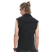 Denim cotton polyester viscose Spandex nylon-webbing leather faux-leather grommets apparel tops vest shirt sleeveless frayed-edges collar D-ring spike spikes spiked snap-button press-stud skull skull-rivets leather-straps breast-pockets weathered stylish fitted breathable fashion alt-fashion alternative punk rock goth gothic cyber cyberpunk post-apocalyptic apocalypse prophet metalhead grunge dark-punk costume cosplay halloween male masculine masc mens menswear guys dudes black