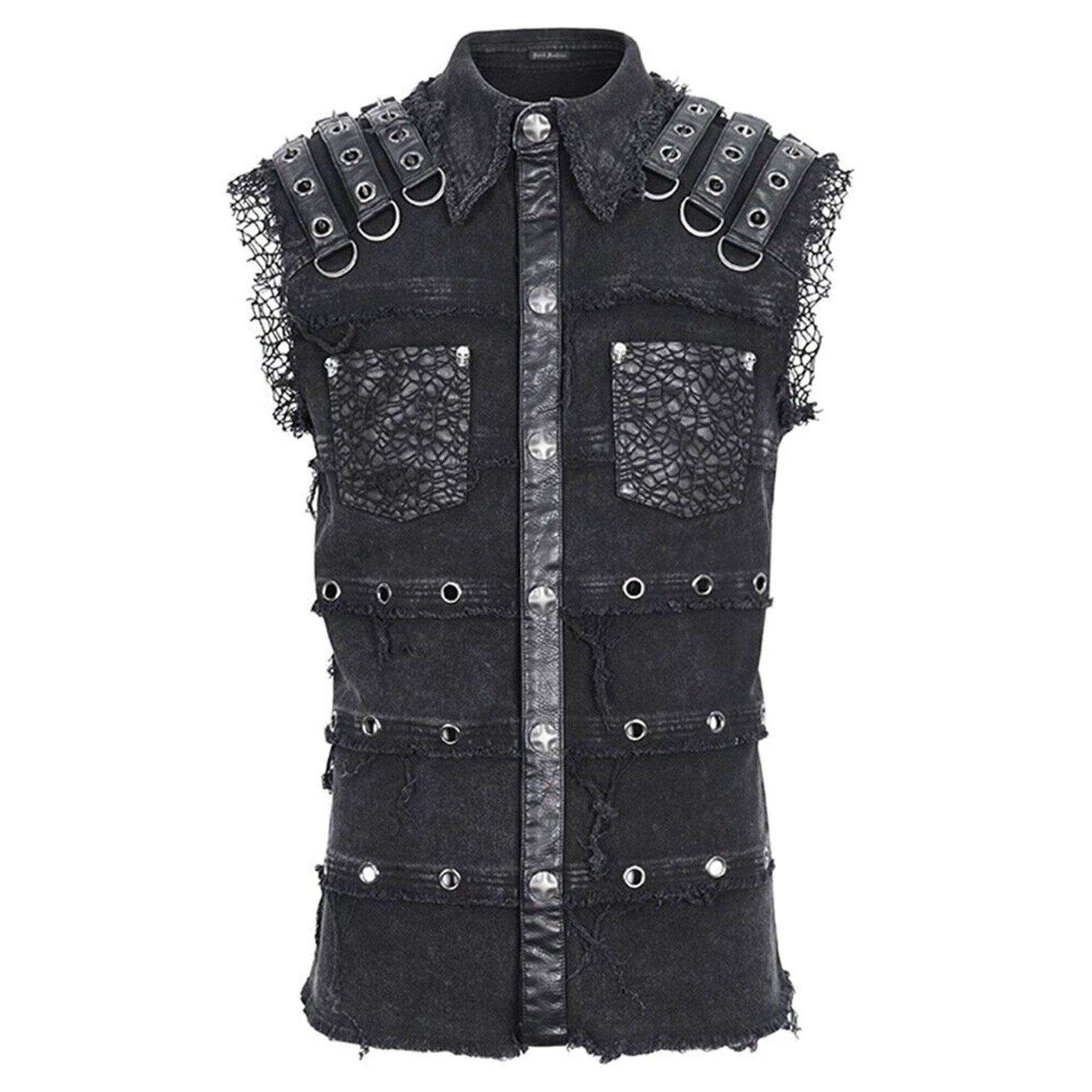 Denim cotton polyester viscose Spandex nylon-webbing leather faux-leather grommets apparel tops vest shirt sleeveless frayed-edges collar D-ring spike spikes spiked snap-button press-stud skull skull-rivets leather-straps breast-pockets weathered stylish fitted breathable fashion alt-fashion alternative punk rock goth gothic cyber cyberpunk post-apocalyptic apocalypse prophet metalhead grunge dark-punk costume cosplay halloween male masculine masc mens menswear guys dudes black