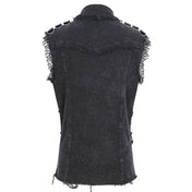 Denim cotton polyester viscose Spandex nylon-webbing leather faux-leather grommets apparel tops vest shirt sleeveless frayed-edges collar D-ring spike spikes spiked snap-button press-stud skull skull-rivets leather-straps breast-pockets weathered stylish fitted breathable fashion alt-fashion alternative punk rock goth gothic cyber cyberpunk post-apocalyptic apocalypse prophet metalhead grunge dark-punk costume cosplay halloween male masculine masc mens menswear guys dudes black