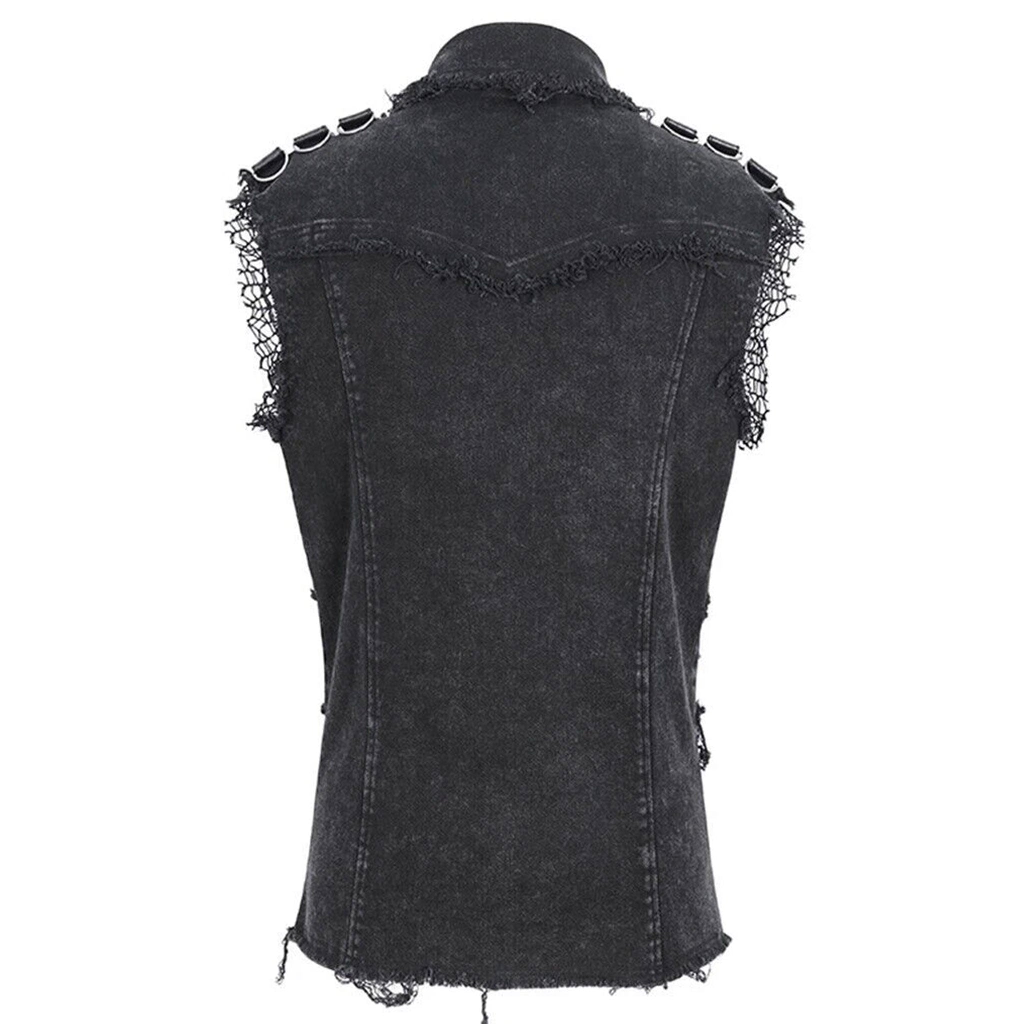 Denim cotton polyester viscose Spandex nylon-webbing leather faux-leather grommets apparel tops vest shirt sleeveless frayed-edges collar D-ring spike spikes spiked snap-button press-stud skull skull-rivets leather-straps breast-pockets weathered stylish fitted breathable fashion alt-fashion alternative punk rock goth gothic cyber cyberpunk post-apocalyptic apocalypse prophet metalhead grunge dark-punk costume cosplay halloween male masculine masc mens menswear guys dudes black