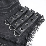 Denim cotton polyester viscose Spandex nylon-webbing leather faux-leather grommets apparel tops vest shirt sleeveless frayed-edges collar D-ring spike spikes spiked snap-button press-stud skull skull-rivets leather-straps breast-pockets weathered stylish fitted breathable fashion alt-fashion alternative punk rock goth gothic cyber cyberpunk post-apocalyptic apocalypse prophet metalhead grunge dark-punk costume cosplay halloween male masculine masc mens menswear guys dudes black
