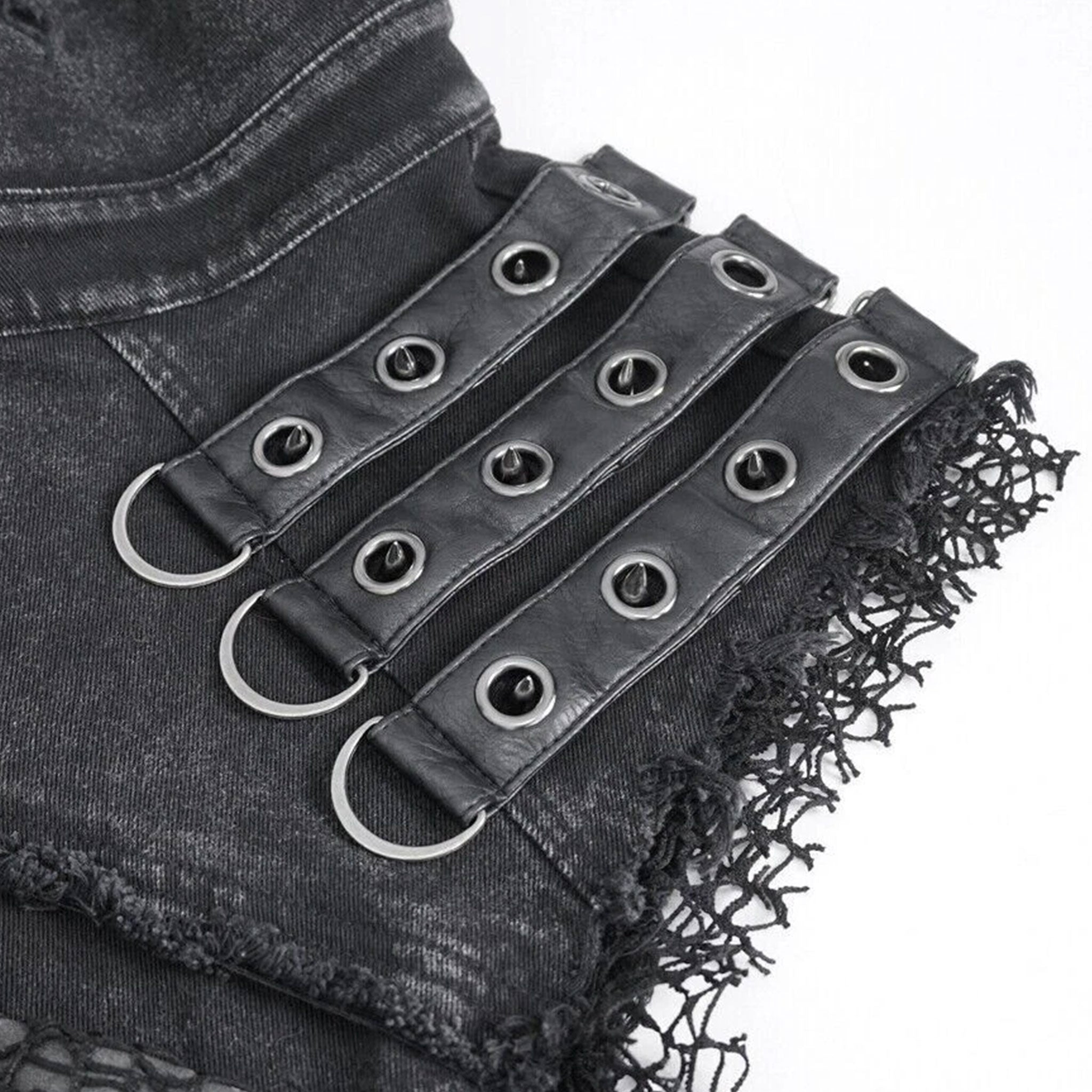 Denim cotton polyester viscose Spandex nylon-webbing leather faux-leather grommets apparel tops vest shirt sleeveless frayed-edges collar D-ring spike spikes spiked snap-button press-stud skull skull-rivets leather-straps breast-pockets weathered stylish fitted breathable fashion alt-fashion alternative punk rock goth gothic cyber cyberpunk post-apocalyptic apocalypse prophet metalhead grunge dark-punk costume cosplay halloween male masculine masc mens menswear guys dudes black
