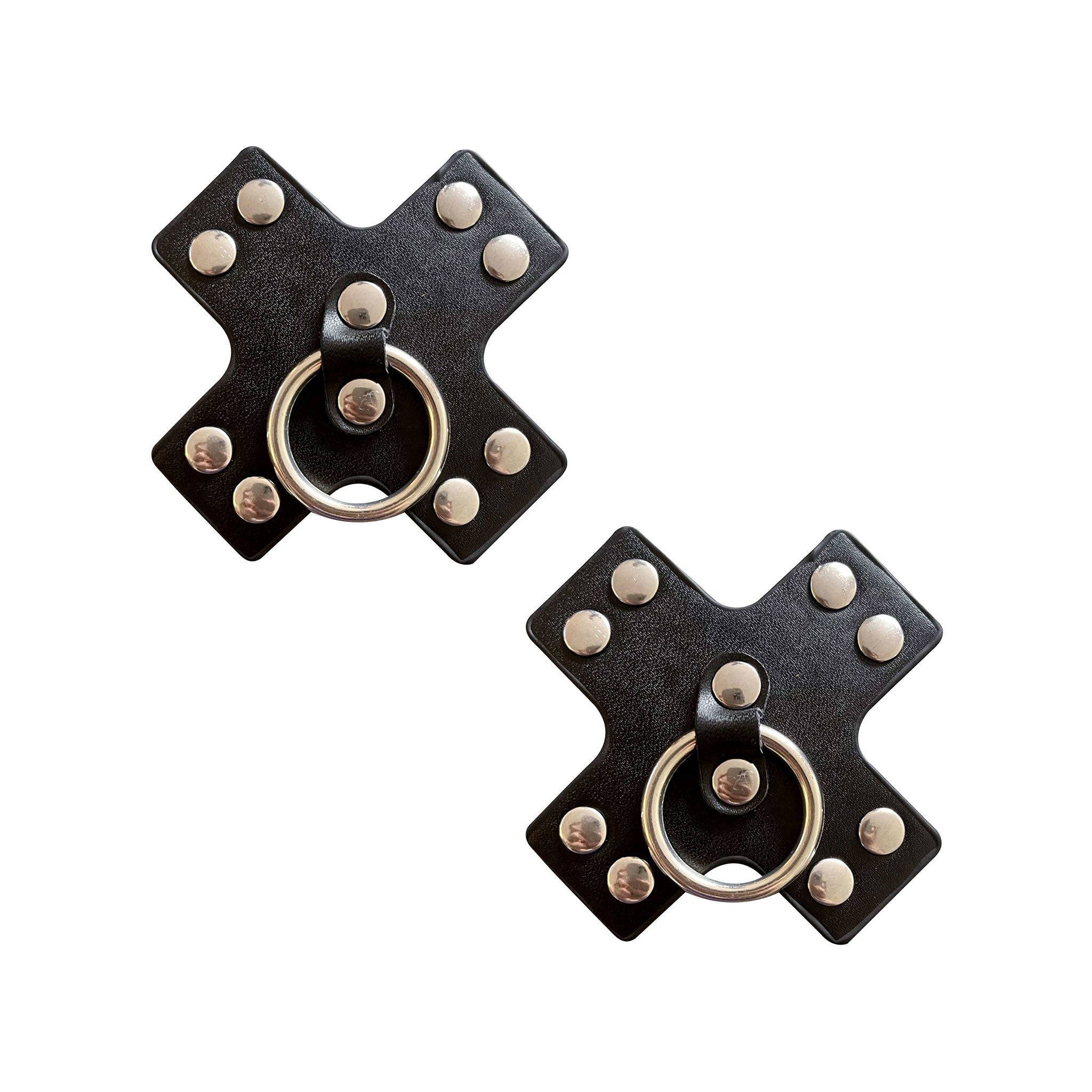 Leather faux-leather PU-leather vegan-leather accessories pasties nipple-pasties nipple-covers self-adhering studded stud nail-stud pull-ring O-ring nipple-ring reusable sexy fetish fashion alt-fashion bdsm punk piercing rock unisex black
