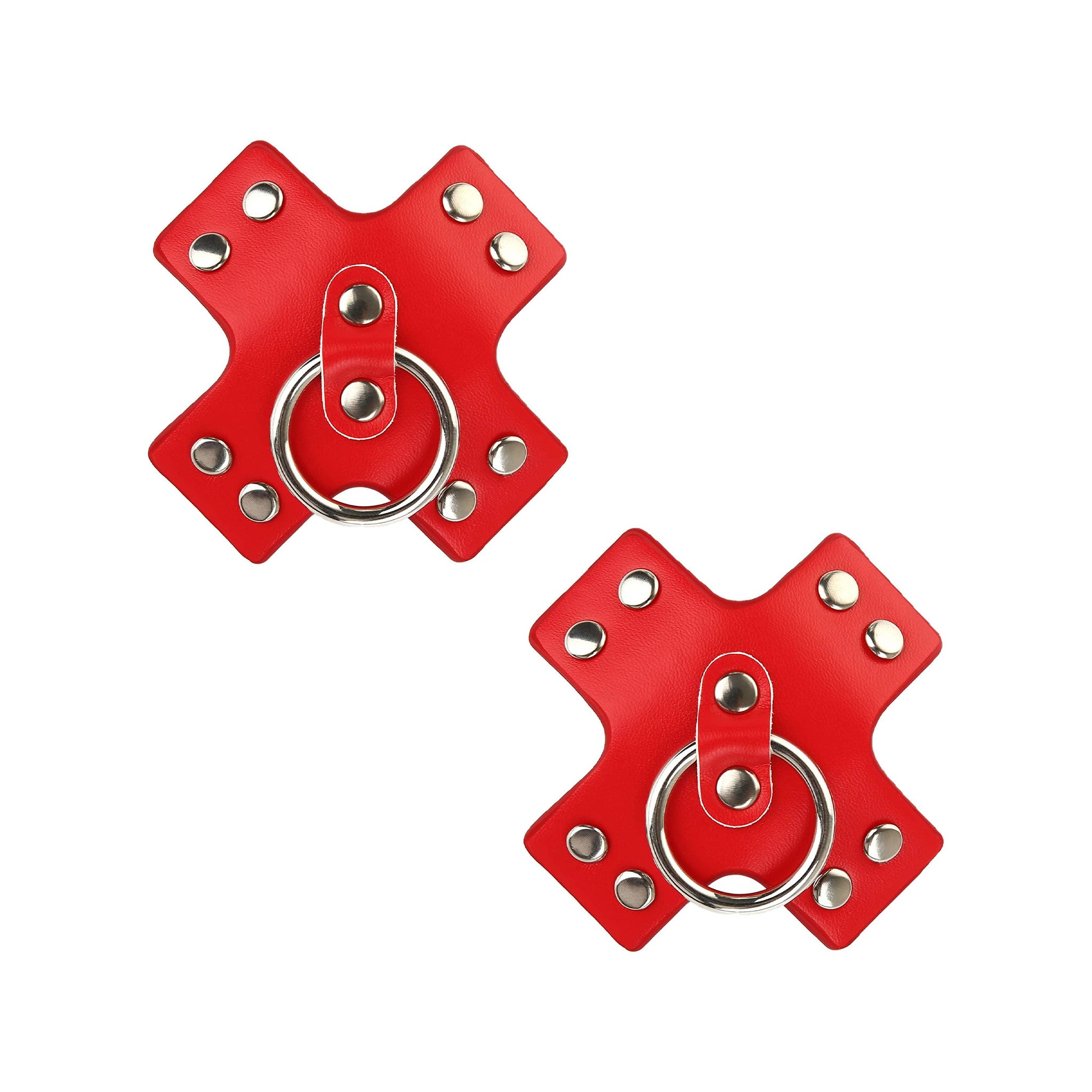 Leather faux-leather PU-leather vegan-leather accessories pasties nipple-pasties nipple-covers self-adhering studded stud nail-stud pull-ring O-ring nipple-ring reusable sexy fetish fashion alt-fashion bdsm punk piercing rock unisex red