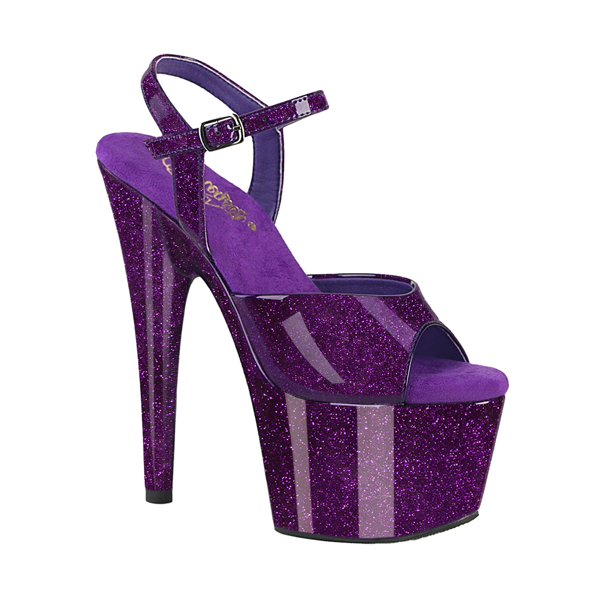 Synthetic glitter leather patent-leather textile-insole synthetic-upper synthetic-outsole accessories footwear shoes sandal open-toe open-heel platform-sandal platform-shoes platform-heels stiletto-heel ankle-strap adjustable buckle treaded-sole shiny glossy high-gloss bedazzling bold strappy fetish fashion alt-fashion alternative clubwear strip-club costume cosplay halloween sexy slutty female femme feminine womens purple