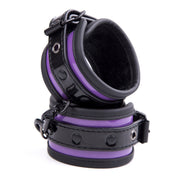 PVC vinyl velvet-lining leather patent-leather restraints cuffs ankle ankle-cuffs adjustable buckle removable-chain D-ring lobster-clasp soft comfortable durable fetish fashion alt-fashion bdsm bdsm-toys bondage kink kinky kinky-play unisex purple black