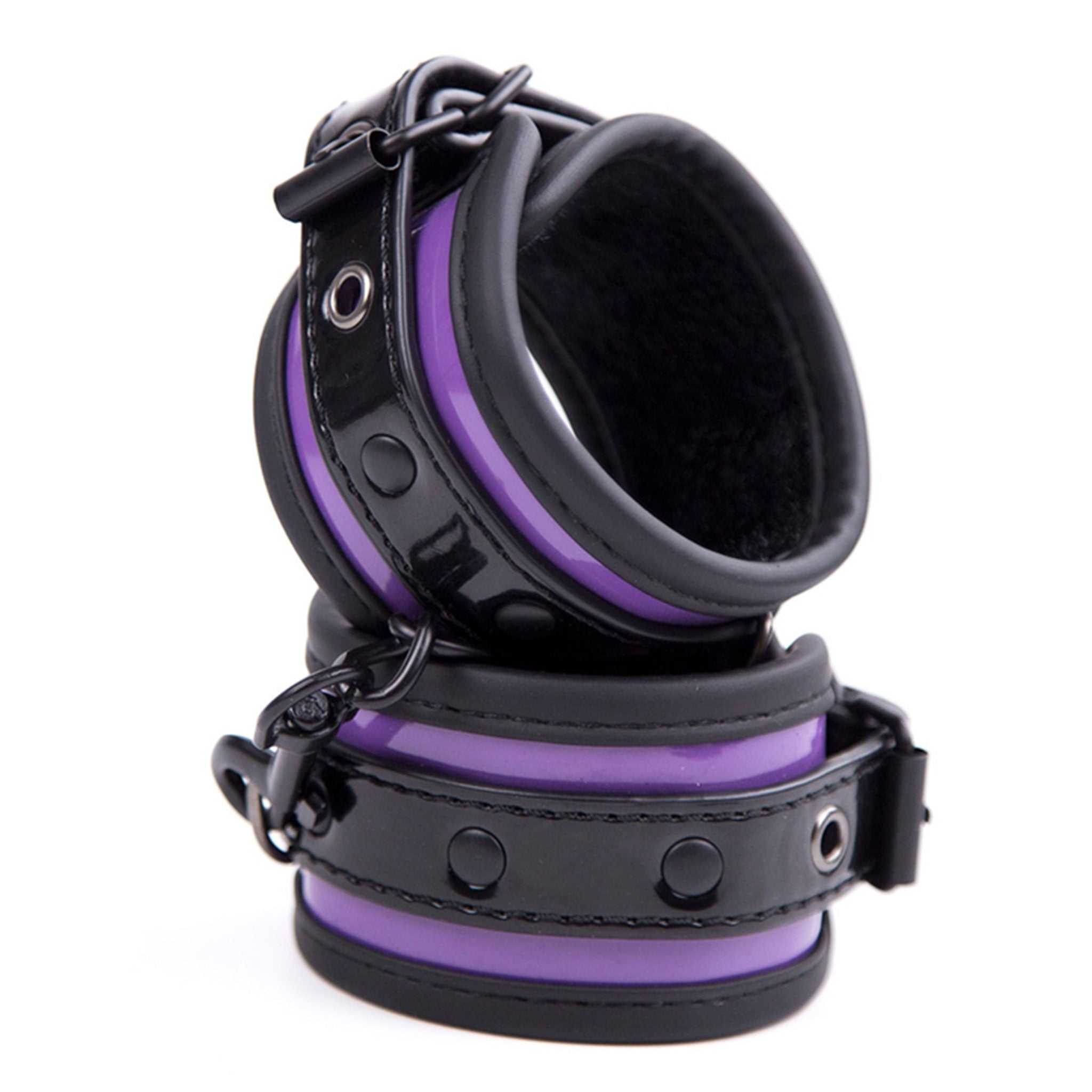 PVC vinyl velvet-lining leather patent-leather restraints cuffs ankle ankle-cuffs adjustable buckle removable-chain D-ring lobster-clasp soft comfortable durable fetish fashion alt-fashion bdsm bdsm-toys bondage kink kinky kinky-play unisex purple black