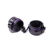 PVC vinyl velvet-lining leather patent-leather restraints cuffs ankle ankle-cuffs adjustable buckle removable-chain D-ring lobster-clasp soft comfortable durable fetish fashion alt-fashion bdsm bdsm-toys bondage kink kinky kinky-play unisex purple black
