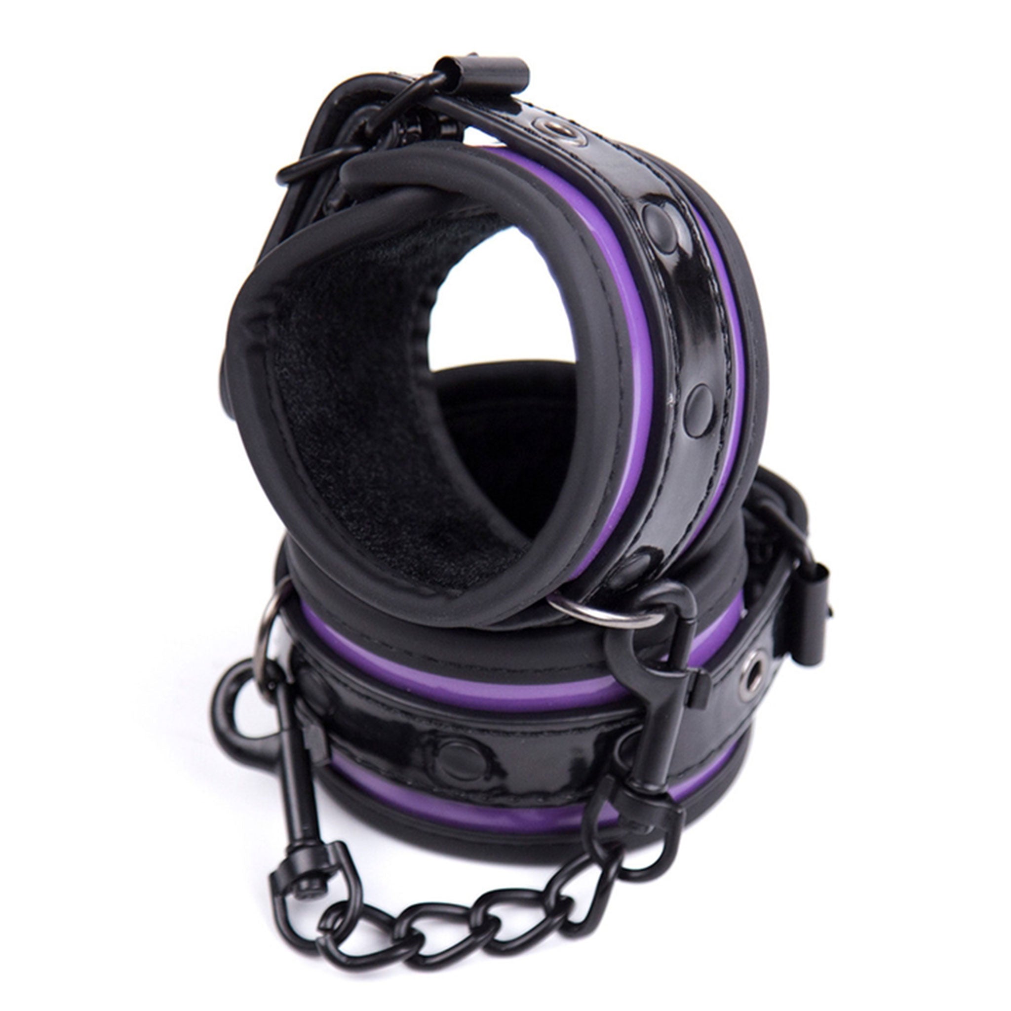 PVC vinyl velvet-lining leather patent-leather restraints cuffs wrist wrist-cuffs adjustable buckle removable-chain D-ring lobster-clasp soft comfortable durable fetish fashion alt-fashion bdsm bdsm-toys bondage kink kinky kinky-play unisex purple black