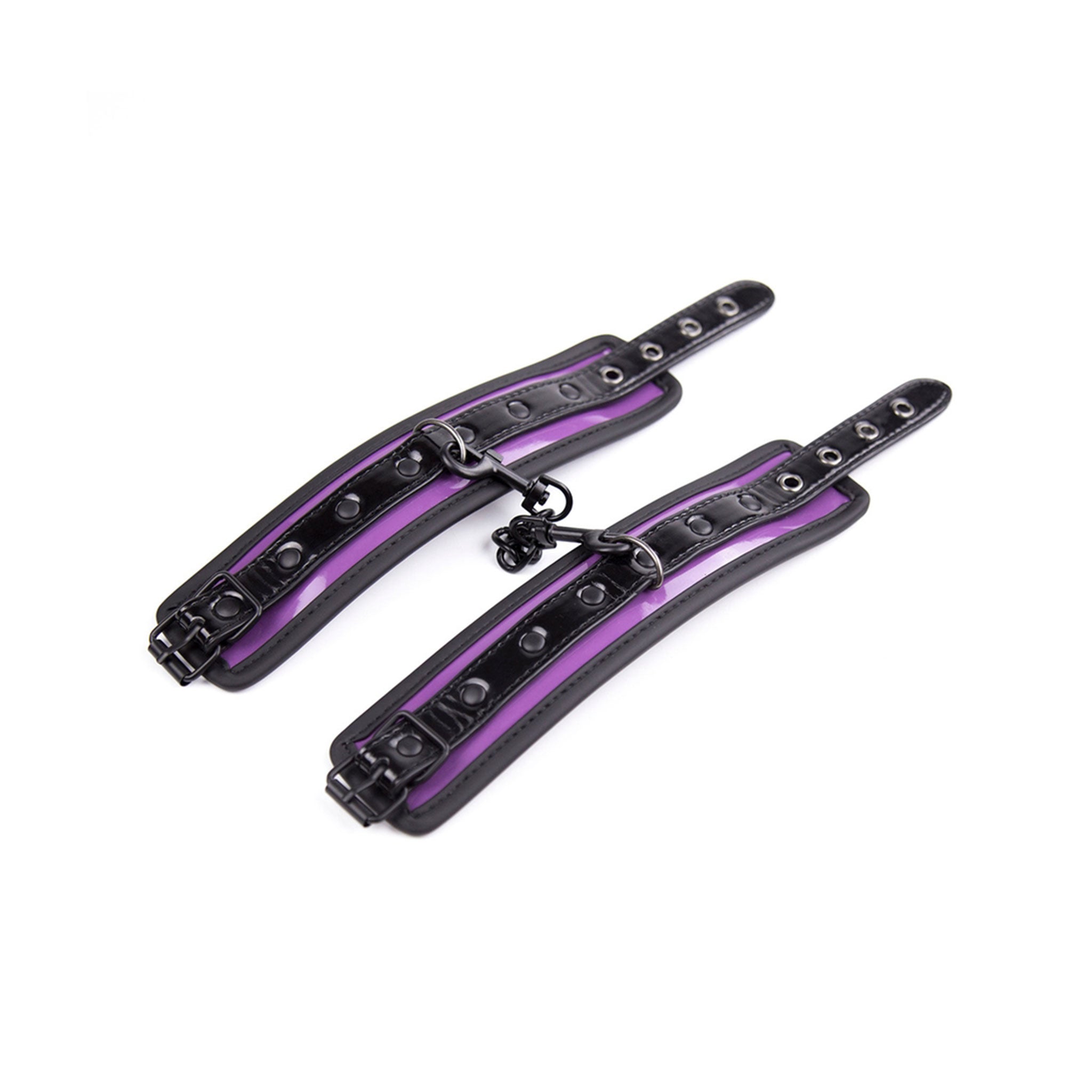 PVC vinyl velvet-lining leather patent-leather restraints cuffs wrist wrist-cuffs adjustable buckle removable-chain D-ring lobster-clasp soft comfortable durable fetish fashion alt-fashion bdsm bdsm-toys bondage kink kinky kinky-play unisex purple black