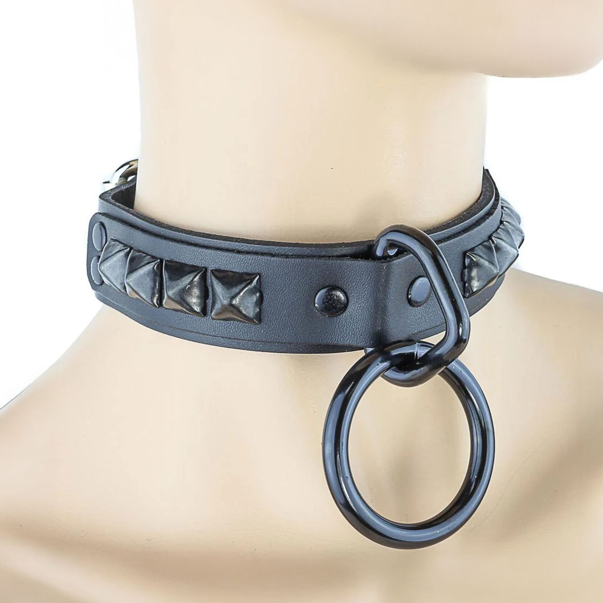 Leather vegan faux collar choker stud studs studded pyramid O-ring loop pentagon pentagonal adjustable buckle bondage bdsm pet-play pup fetish fashion punk goth gothic alt-fashion accessories black
