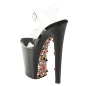 Synthetic chrome-plated rhinestone accessories footwear shoes sandal open-toe open-heel high-heel stiletto-heel platform-instep studs studded pyramid-studs decorated shank outsole heel-pitch heel-breast heel-tip adjustable buckle ankle-strap glamorous edgy fierce luxurious shiny glossy sparkling fashion alt-fashion alternative clubbing festival rave raver-babe domination dominatrix-fashion costume cosplay halloween female femme feminine womens multicolor multi-tone clear 
