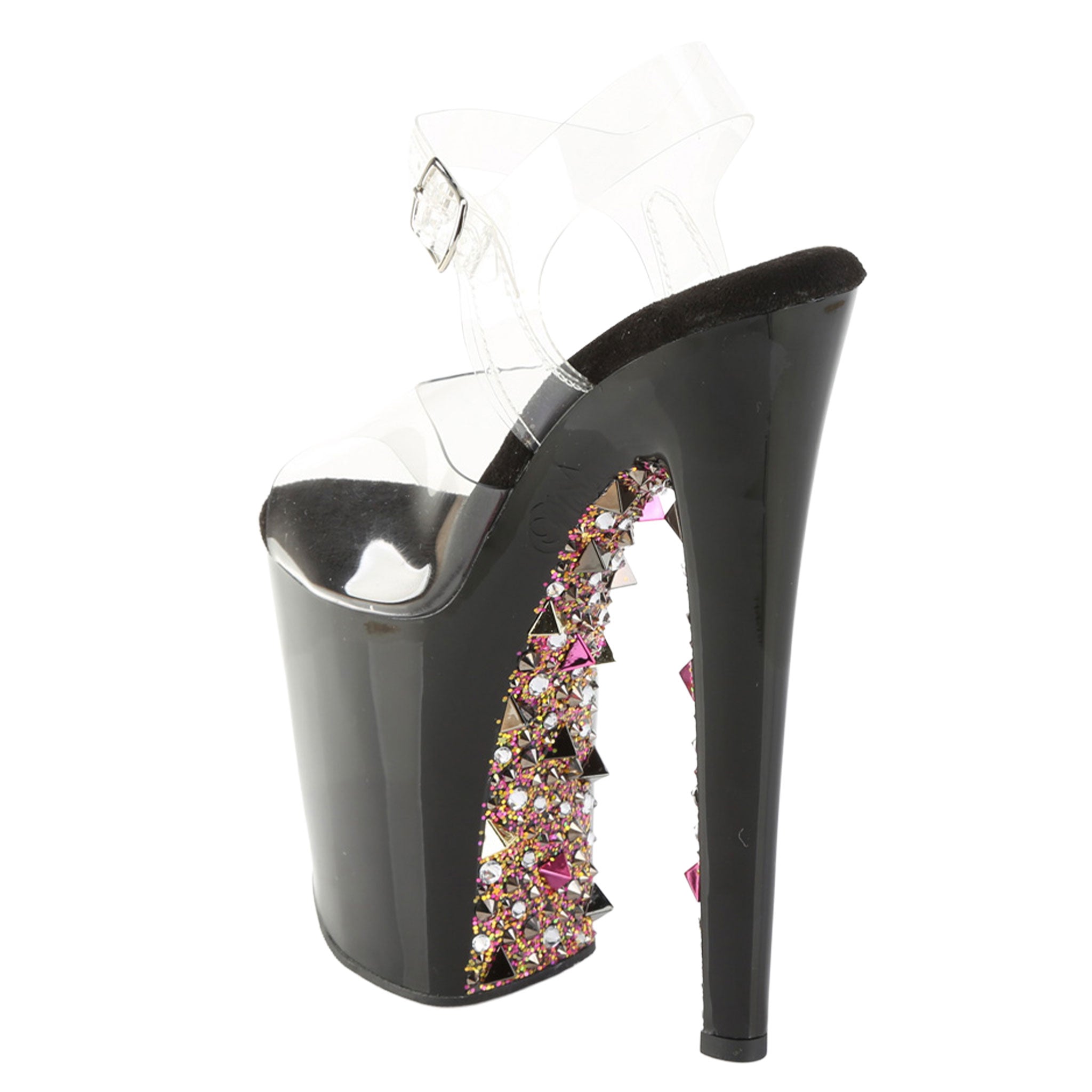 Synthetic chrome-plated rhinestone accessories footwear shoes sandal open-toe open-heel high-heel stiletto-heel platform-instep studs studded pyramid-studs decorated shank outsole heel-pitch heel-breast heel-tip adjustable buckle ankle-strap glamorous edgy fierce luxurious shiny glossy sparkling fashion alt-fashion alternative clubbing festival rave raver-babe domination dominatrix-fashion costume cosplay halloween female femme feminine womens multicolor multi-tone clear 
