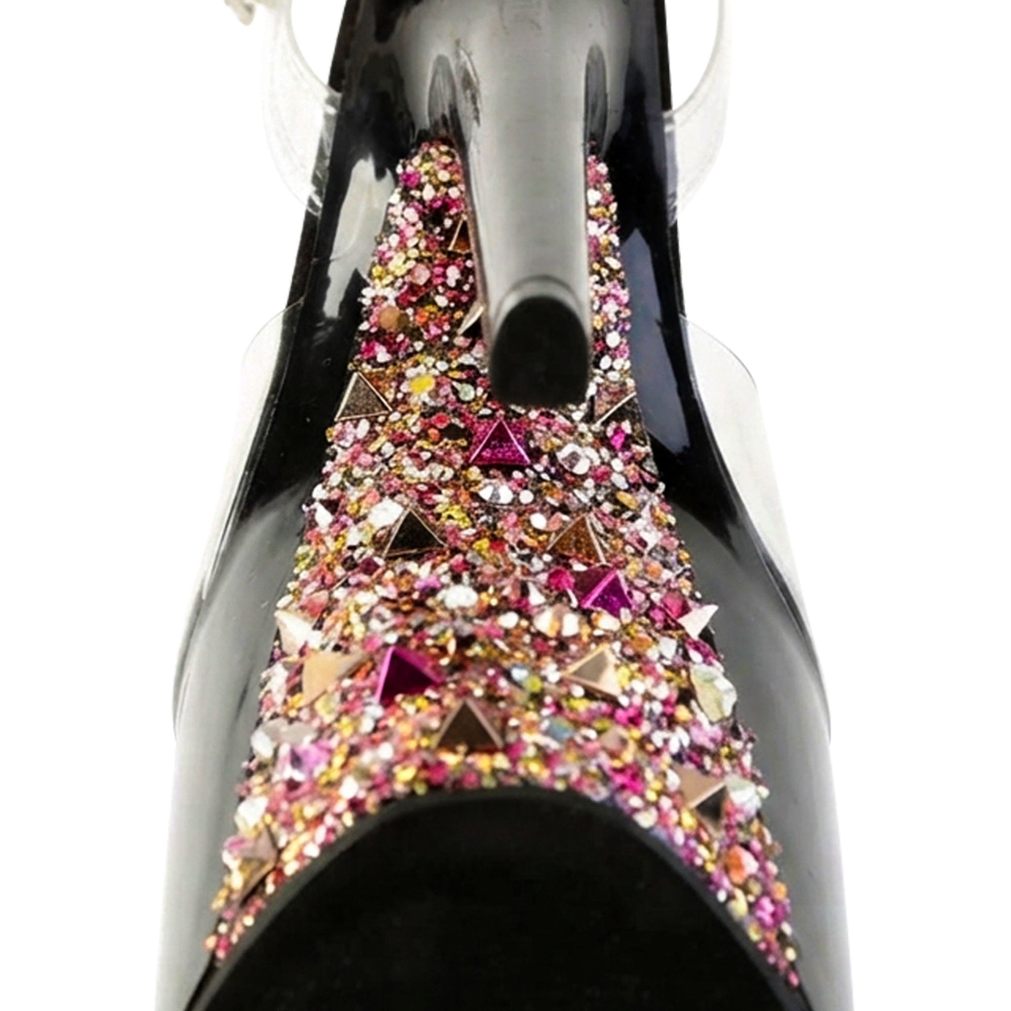 Synthetic chrome-plated rhinestone accessories footwear shoes sandal open-toe open-heel high-heel stiletto-heel platform-instep studs studded pyramid-studs decorated shank outsole heel-pitch heel-breast heel-tip adjustable buckle ankle-strap glamorous edgy fierce luxurious shiny glossy sparkling fashion alt-fashion alternative clubbing festival rave raver-babe domination dominatrix-fashion costume cosplay halloween female femme feminine womens multicolor multi-tone clear 