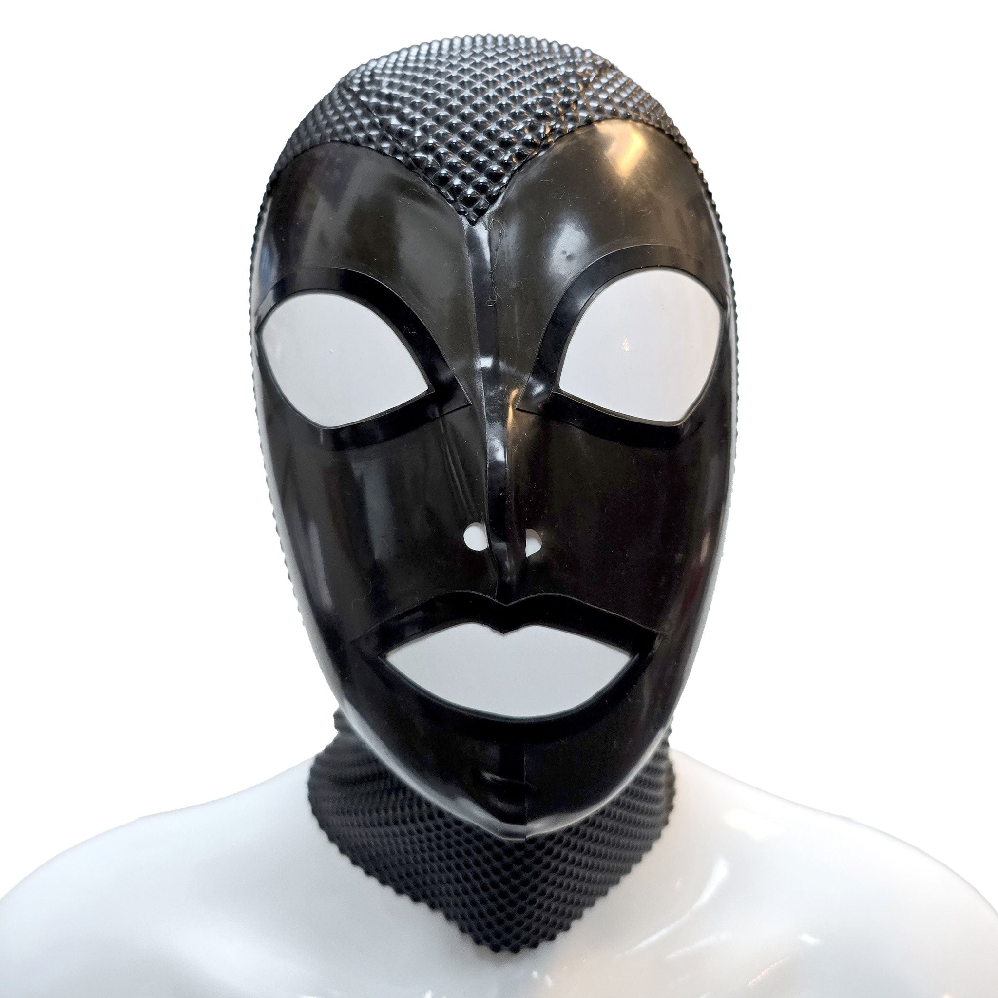 Latex rubber textured-latex transparent-latex accessories headgear head-gear hood mask pyramid-texture transparent-face anatomical zipper back-zip hidden-zip fetish fashion alt-fashion fetishwear bondage bdsm bdsm-gear bdsm-toys bdsm-fashion kink kinky kinky-toys kinkwear sensory sensory-play costume cosplay halloween halloween-latex unisex black smoke transparent-smoke
