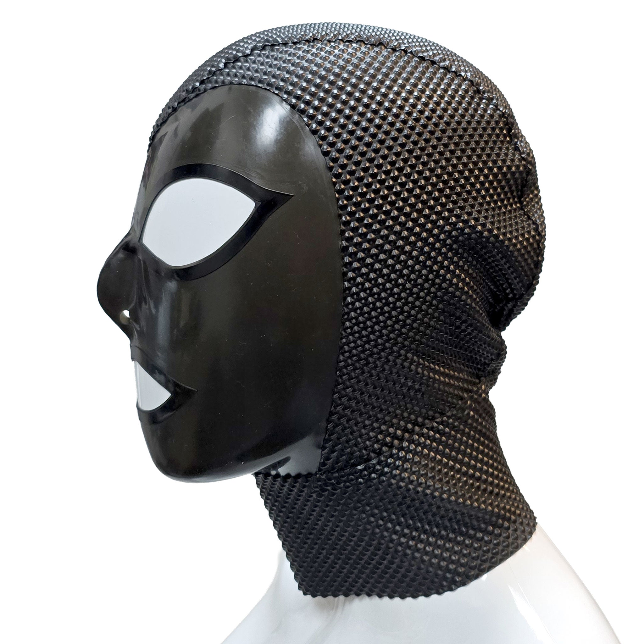 Latex rubber textured-latex transparent-latex accessories headgear head-gear hood mask pyramid-texture transparent-face anatomical zipper back-zip hidden-zip fetish fashion alt-fashion fetishwear bondage bdsm bdsm-gear bdsm-toys bdsm-fashion kink kinky kinky-toys kinkwear sensory sensory-play costume cosplay halloween halloween-latex unisex black smoke transparent-smoke