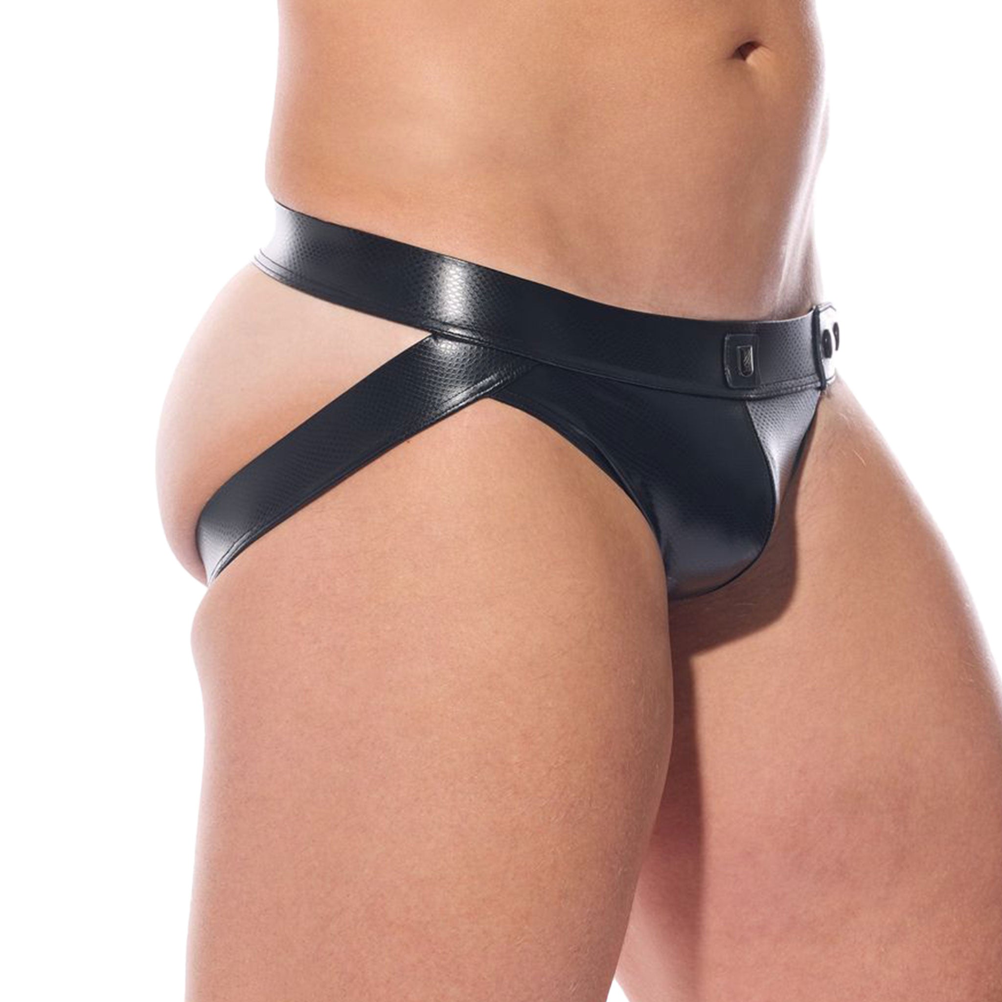 Wetlook underwear lingerie jockstrap jock-strap jock strap adjustable snaps snap-button press-button asymmetrical O-ring snake python snakeskin snake-skin intimates men men's male masculine dude dudes black