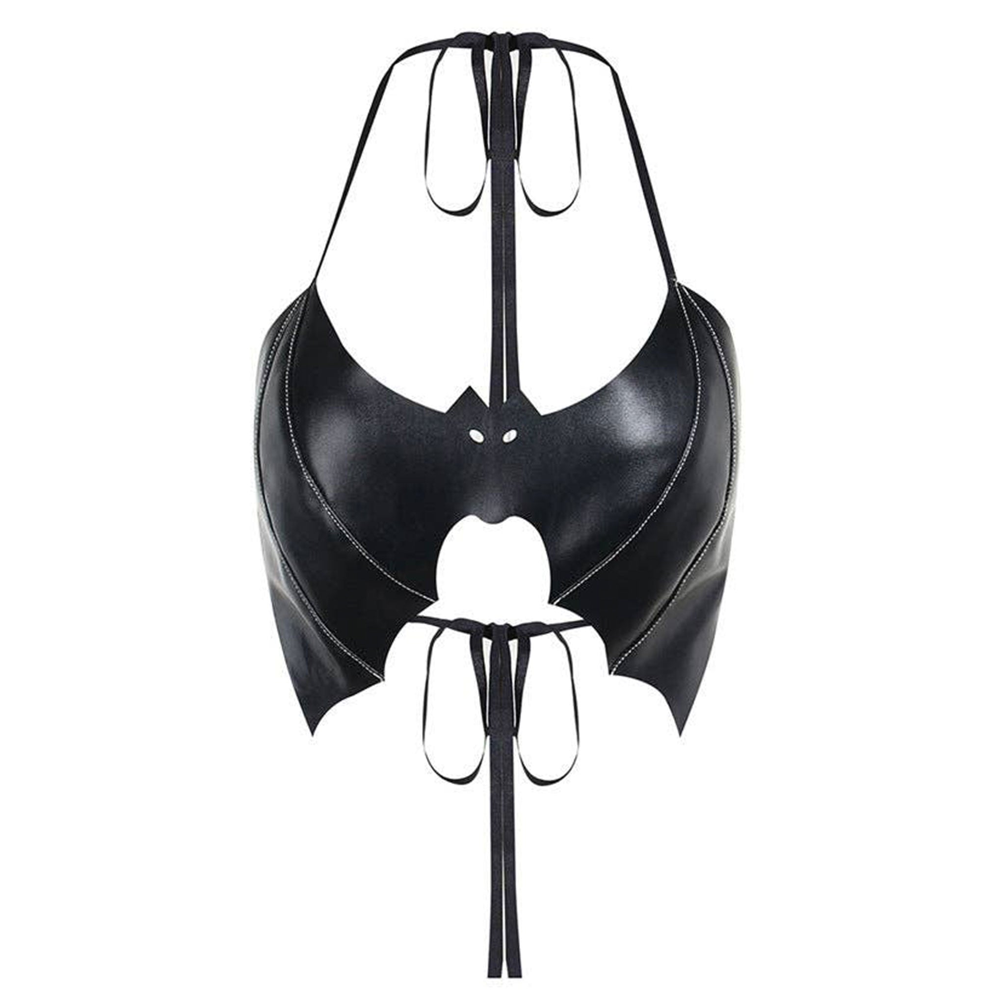 PU faux leather wetlook halter top sleeveless bra bat wing halloween black