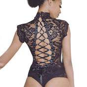 Lycra lace bodysuit bodycon lace-back mock neck lingerie backless teddy babydoll intimate sexy casual elegant vintage sleepwear black 